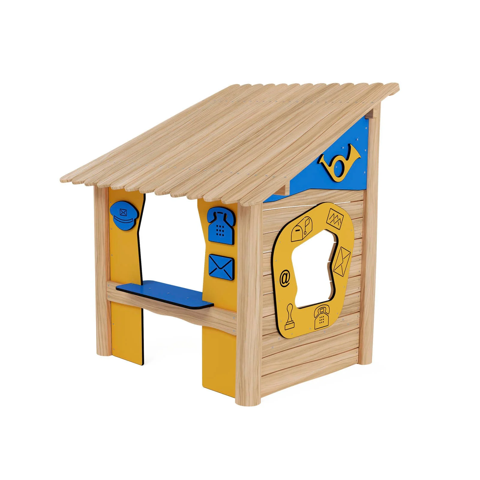 Robinio Post Office playground structure for public spaces, ages 1–6, supports role-play, communication and early learning, compact wooden design
