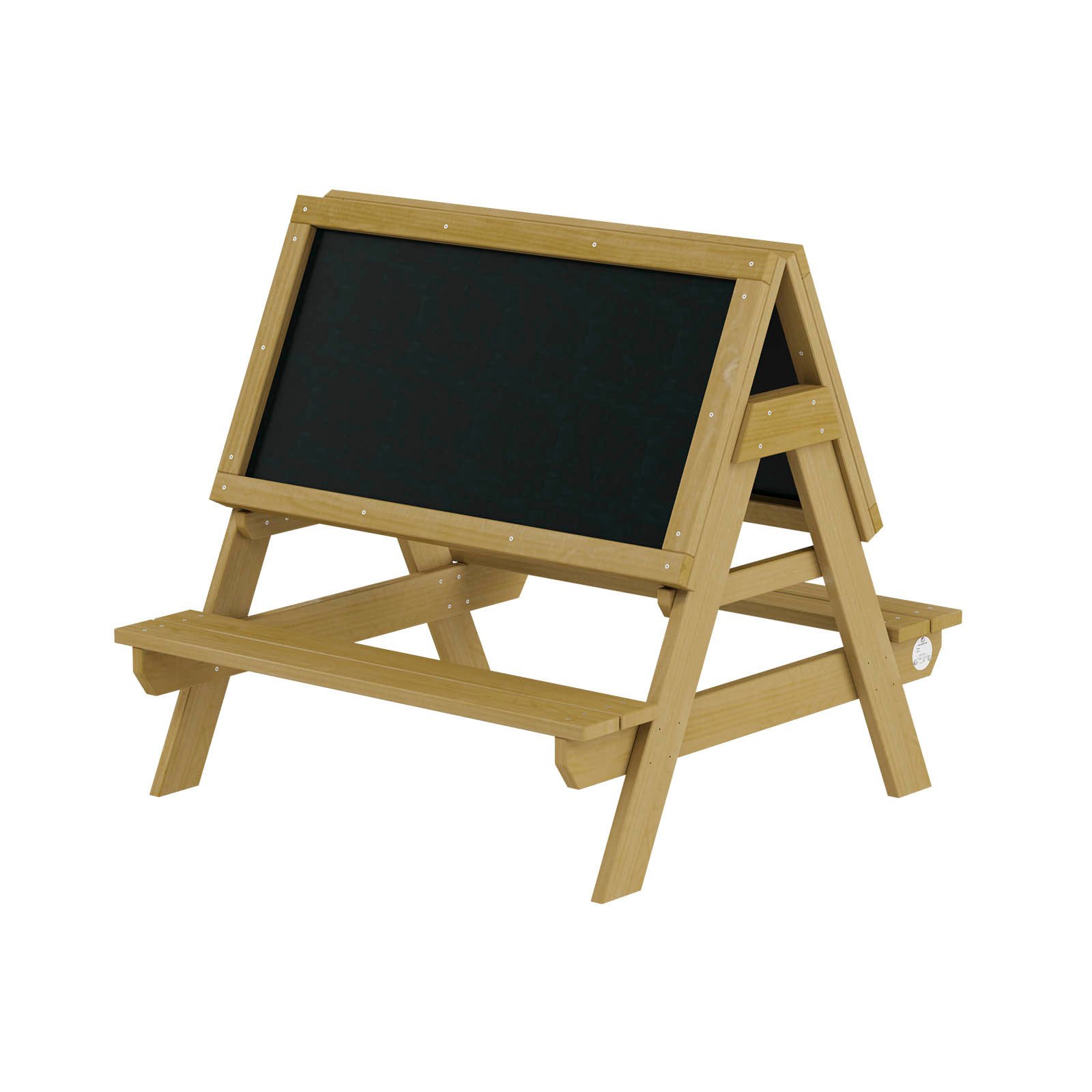 Natural wooden drawing board with integrated seats, made of impregnated pine wood for children aged 1–7 for creative outdoor play and learning.