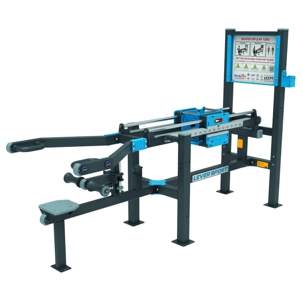 Heavy-duty outdoor seated dip machine with guided load system — adjustable-resistance outdoor strength trainer designed for safe public use and real estate fitness projects, Omnigym-level quality.