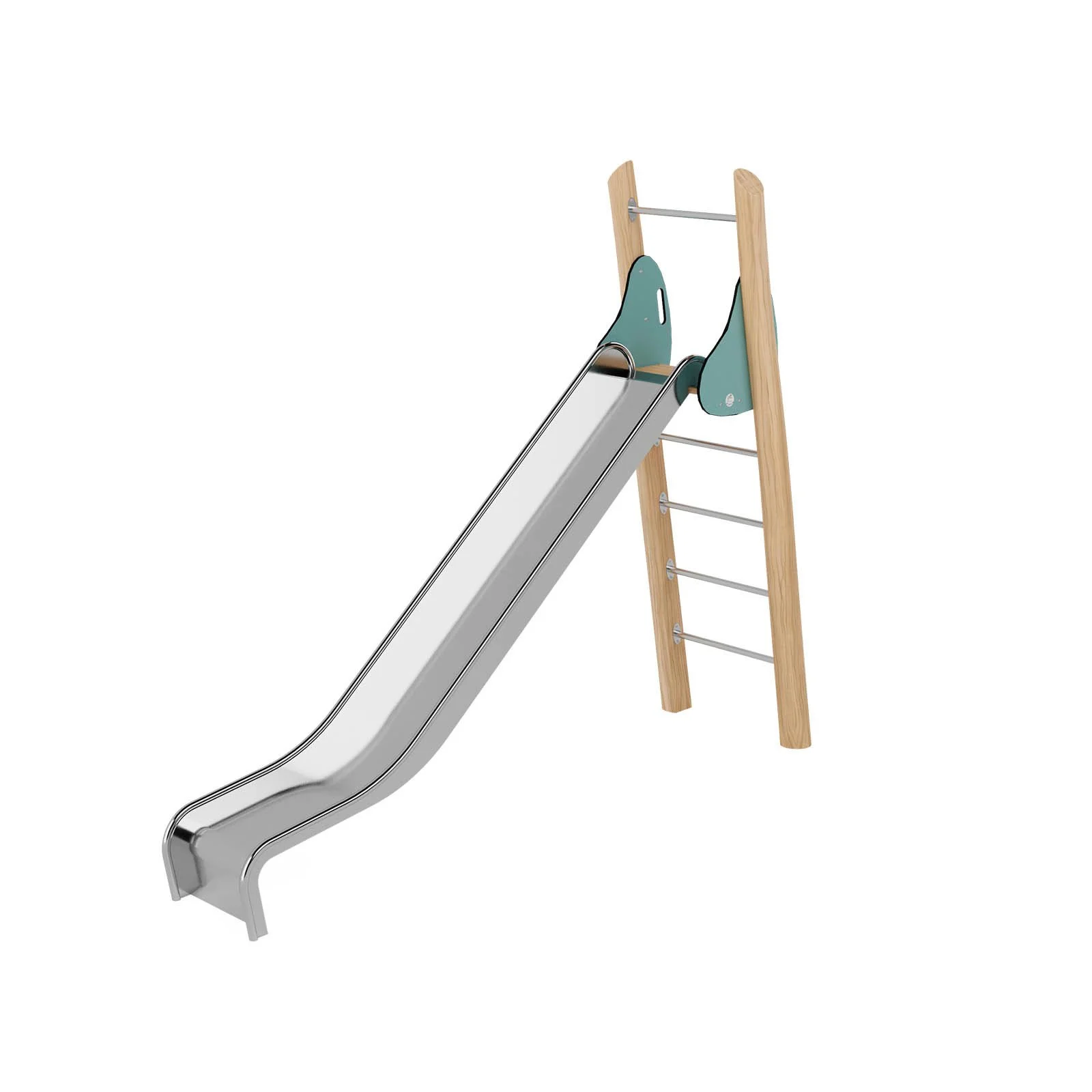 Robinio Freestanding Slide 180 playground structure for public spaces, ages 3–14, stainless steel slide, 1.8 m fall height, durable robinia wood, EN 1176 compliant.