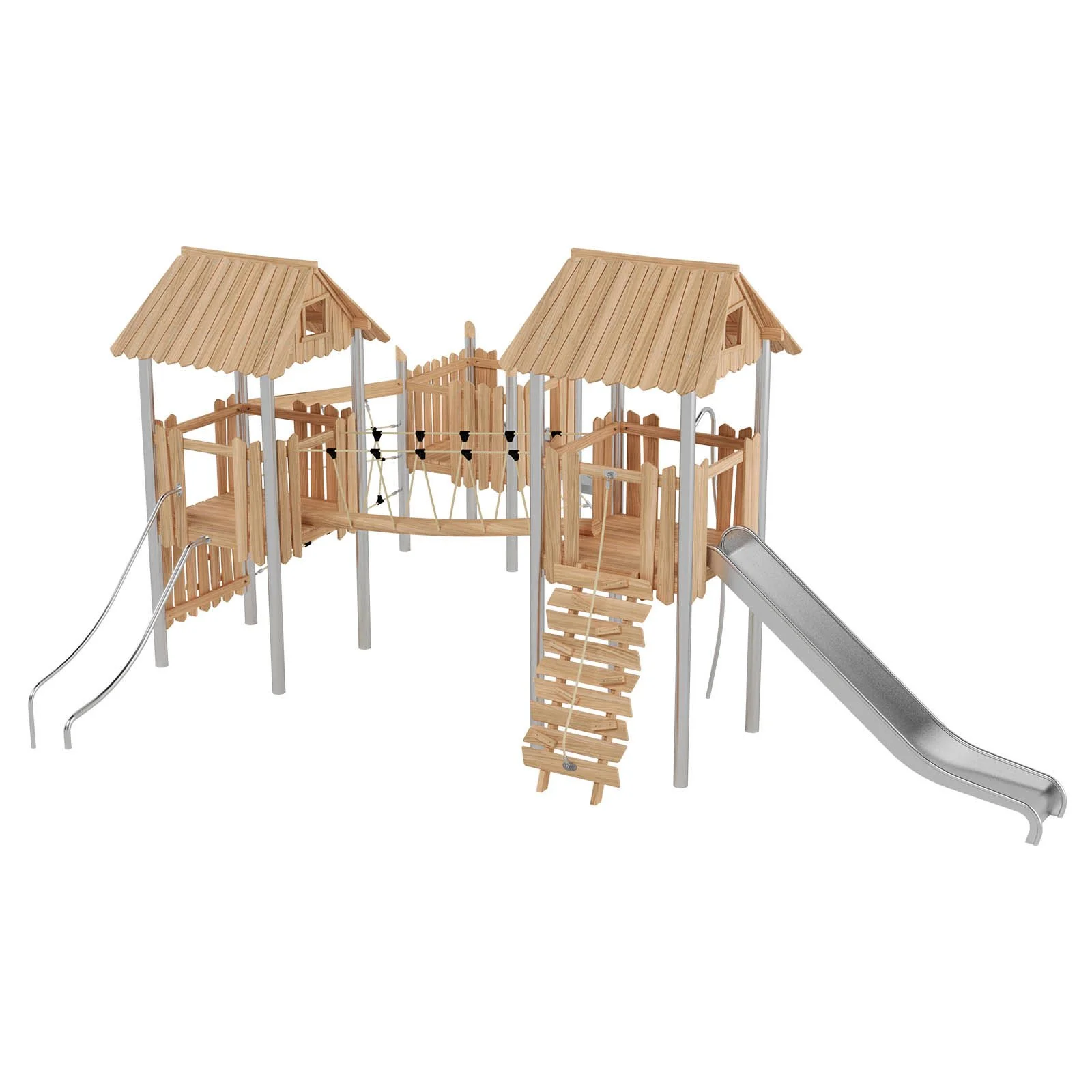 Robinio 306 playground structure for public spaces, ages 3–14, with dual slides, climbing and rope elements, roofed platforms, durable materials, EN 1176 compliant.