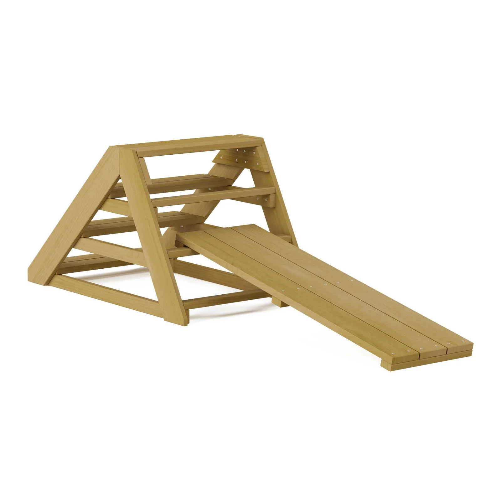 Natural wooden stairs with adjustable bridge made of impregnated pine wood, designed for children aged 1–7 to develop balance and coordination outdoors.