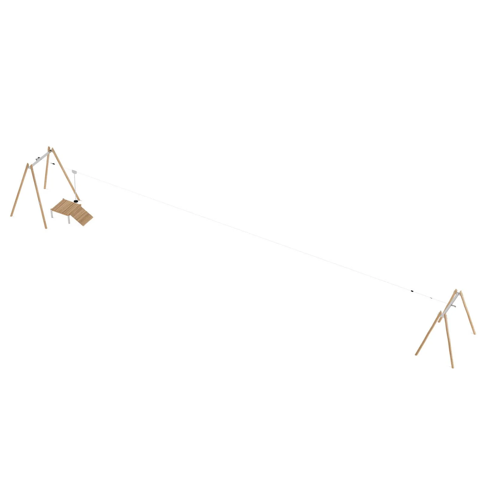 Robinio zip line playground structure for public spaces, ages 3–14, single-user ride with steel cable, robinia wood supports, EN 1176 compliant.