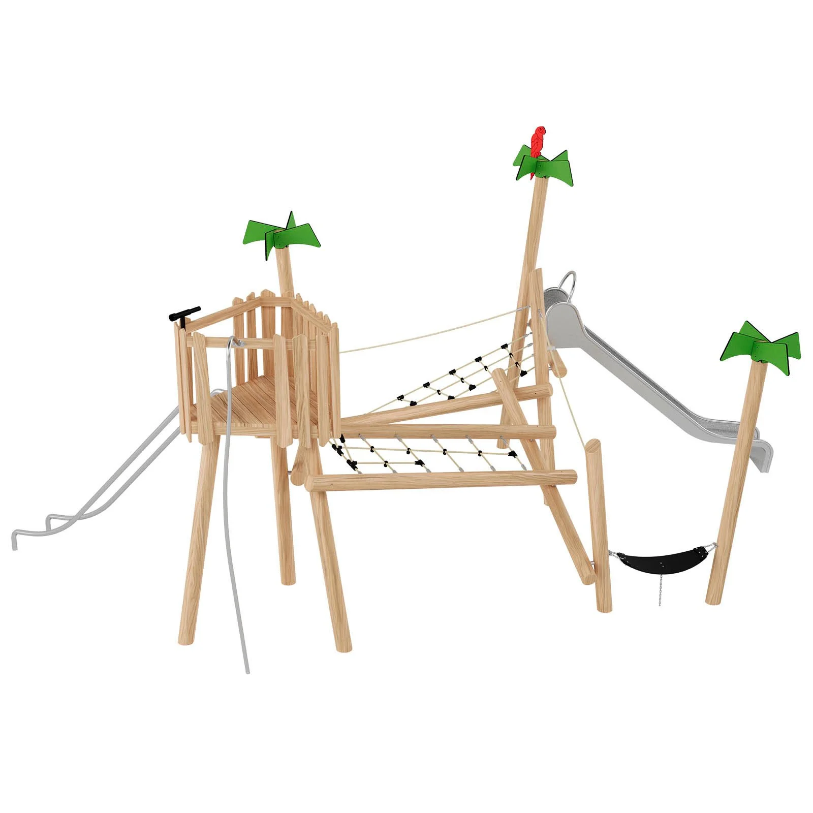 Wooden playground adventure set made of robinia acacia wood with slide and rope elements, designed for children aged 3–14 in public playgrounds.