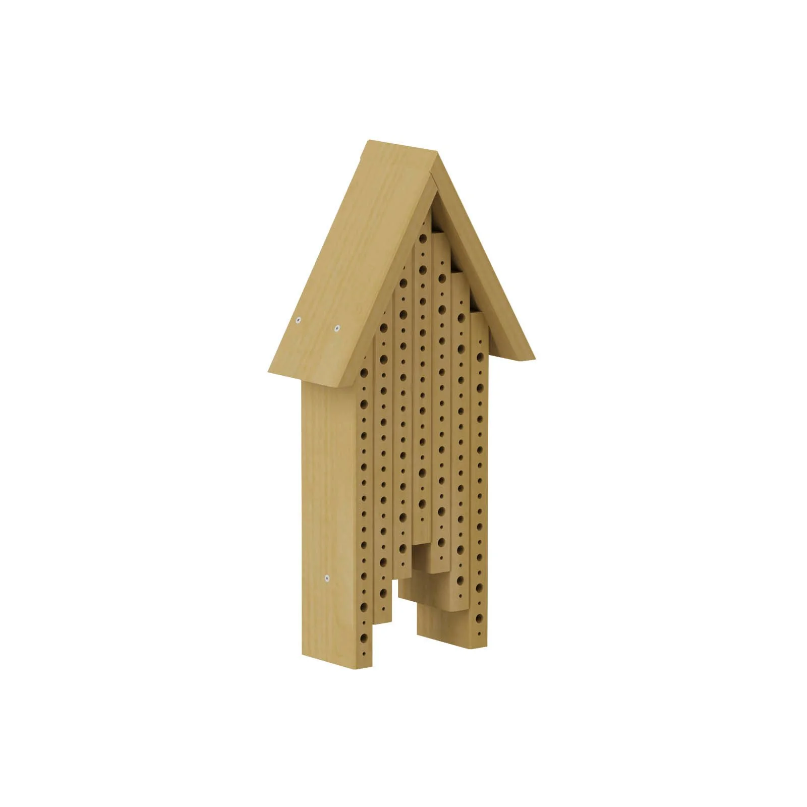 Natural wooden sensory insect house made of impregnated pine wood, designed for children aged 1–7 to observe insects and learn about nature outdoors.