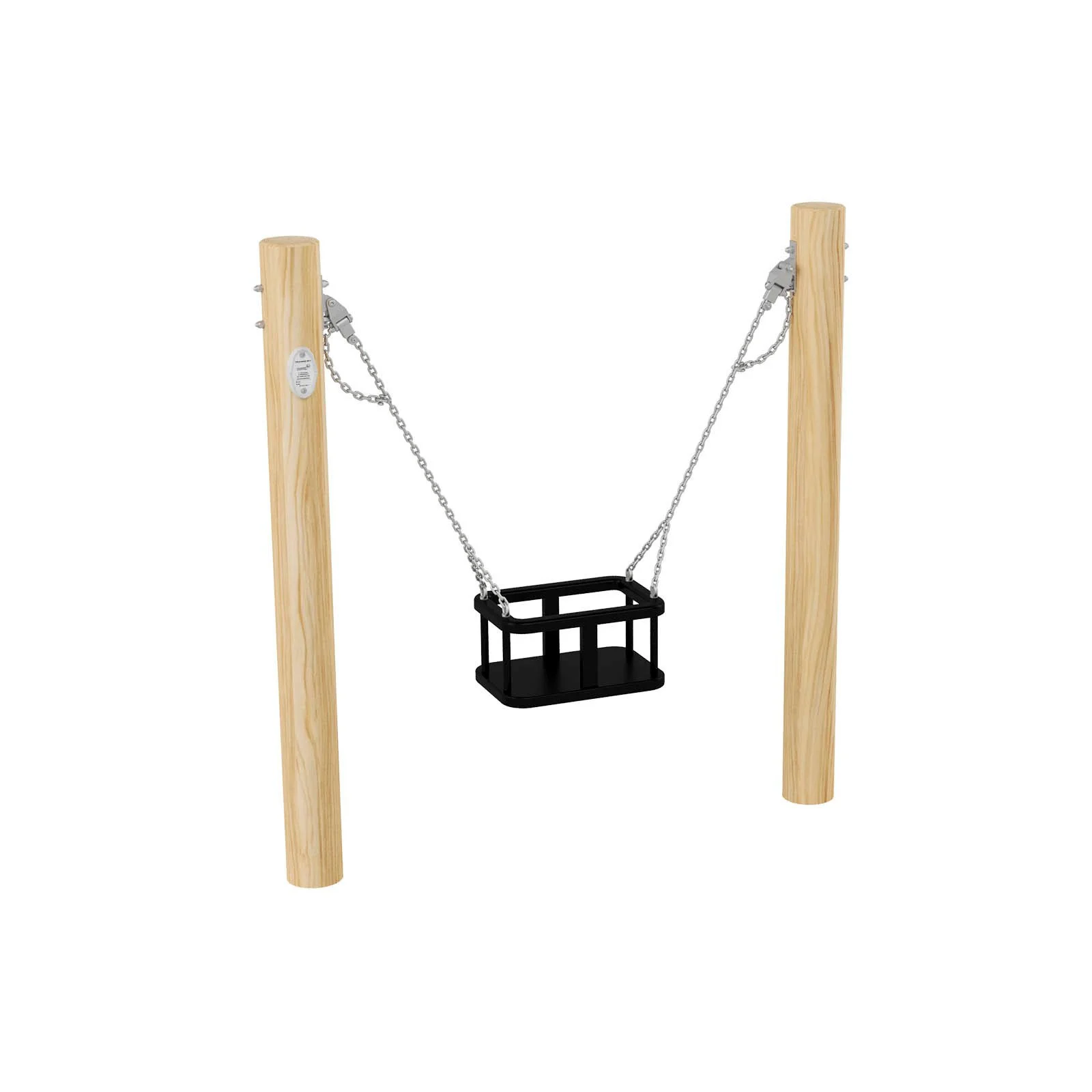 Single playground basket swing made of robinia acacia wood and stainless steel, designed for children aged 1–6 for safe swinging in public playgrounds.