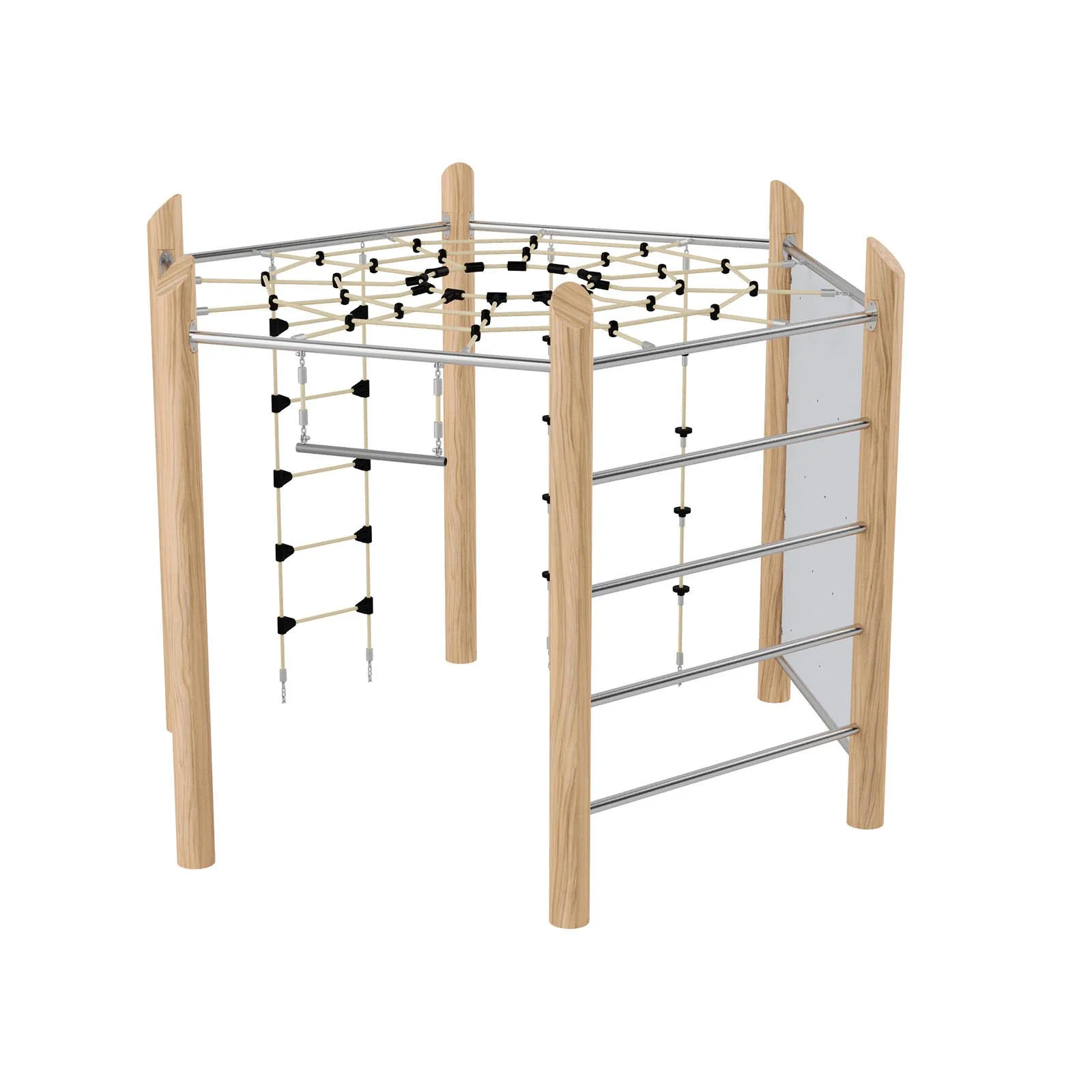 Robinio Hexagon playground structure for public spaces, ages 3–14, supports climbing, coordination and social play, multifunctional design, EN 1176 compliant.