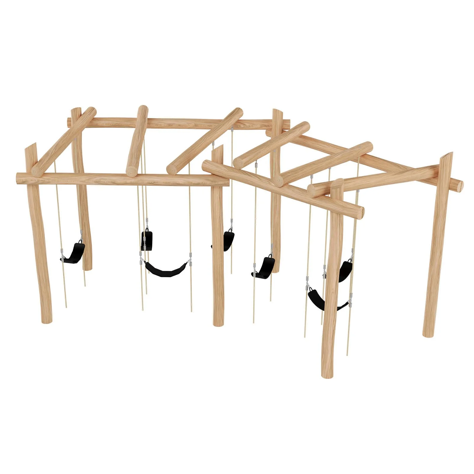 Robinio swing set for public playgrounds, ages 3–14, supports shared play and balance development, solid robinia wood structure, EN 1176 compliant.