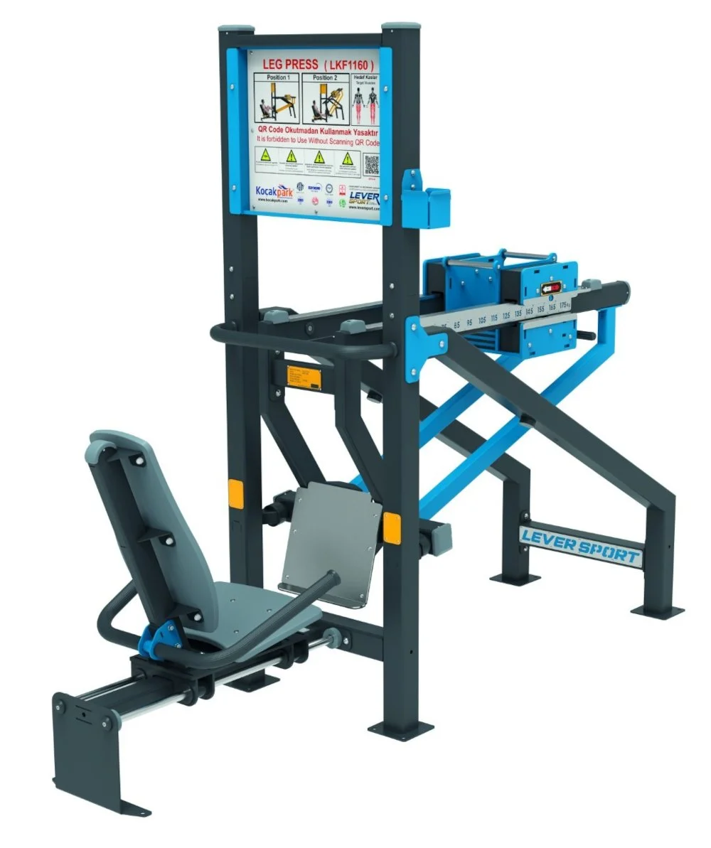 Outdoor Leg Press trainer with adjustable resistance system, heavy-duty steel frame and ergonomic seat — Omnigym-level outdoor strength equipment alternative.