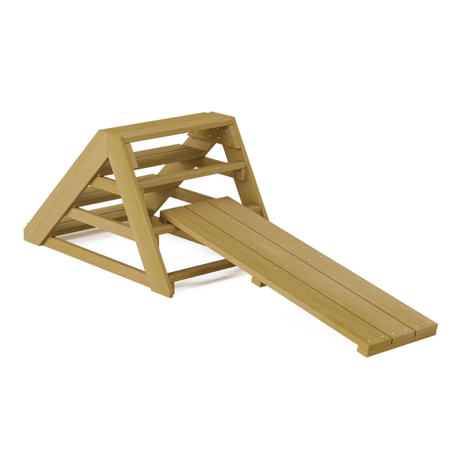Natural wooden stairs with adjustable bridge made of impregnated pine wood, designed for children aged 1–7 to develop balance and coordination outdoors.