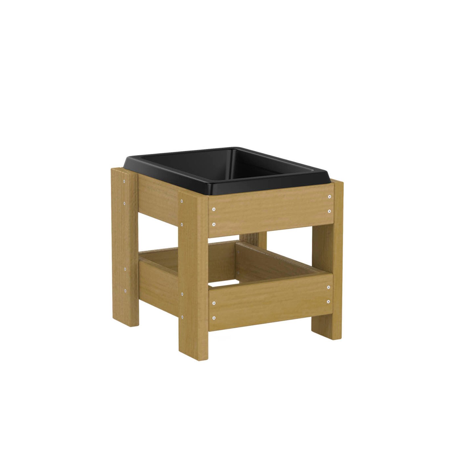 Natural wooden sensory planter with polymer container, made of impregnated pine wood, designed for children aged 1–7 for gardening and sensory play.