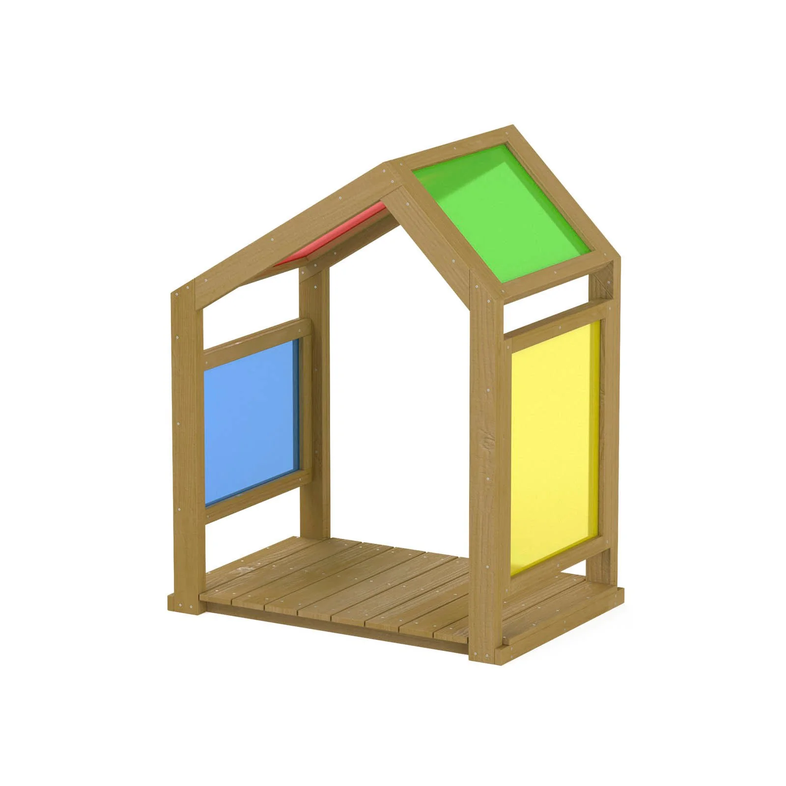 Natural wooden sensory playhouse with colorful acrylic panels, designed for children aged 1–7 to explore light, color, and imaginative play outdoors.