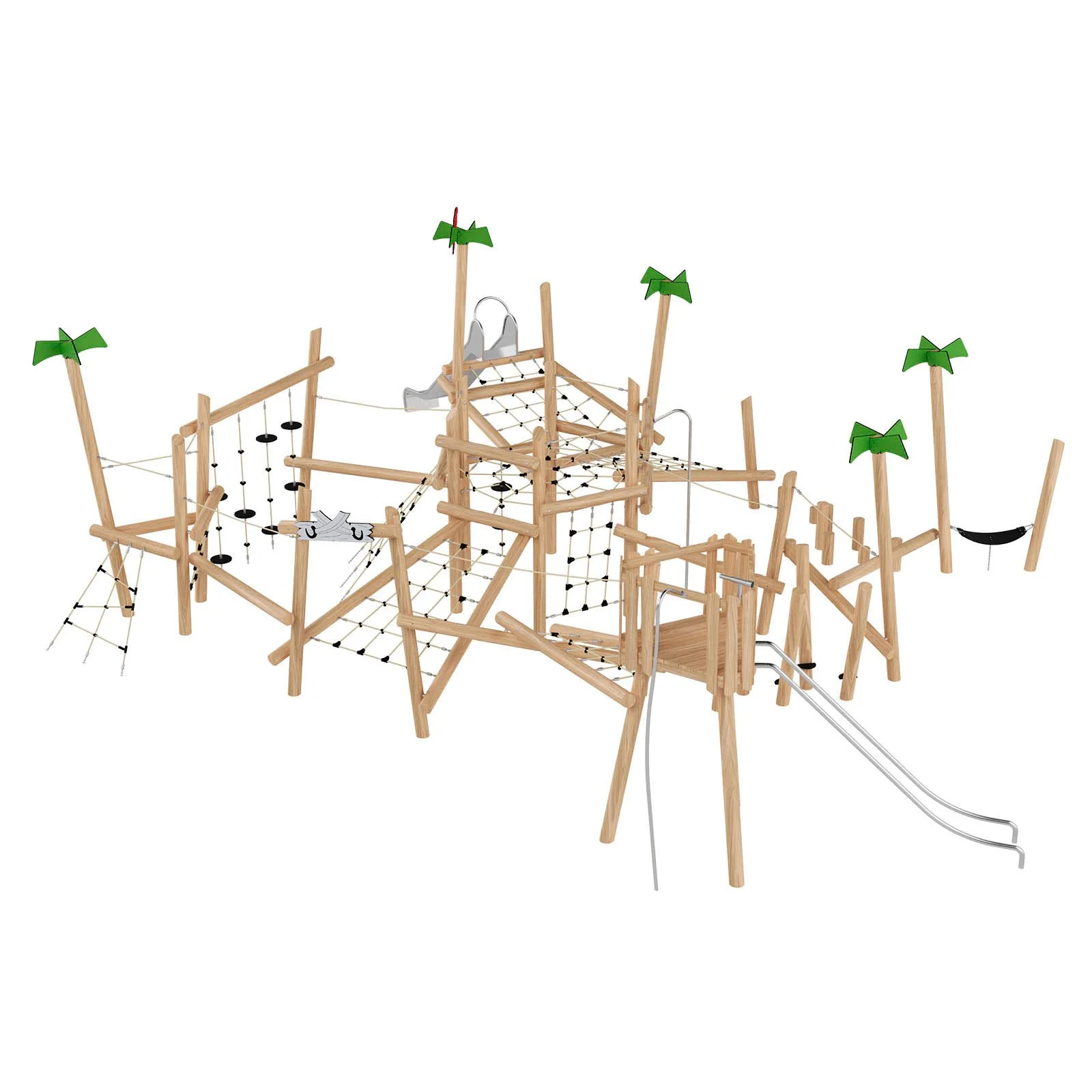 Large playground adventure set made of robinia acacia wood with slides, ropes, and climbing elements, designed for children aged 3–14 in public playgrounds.