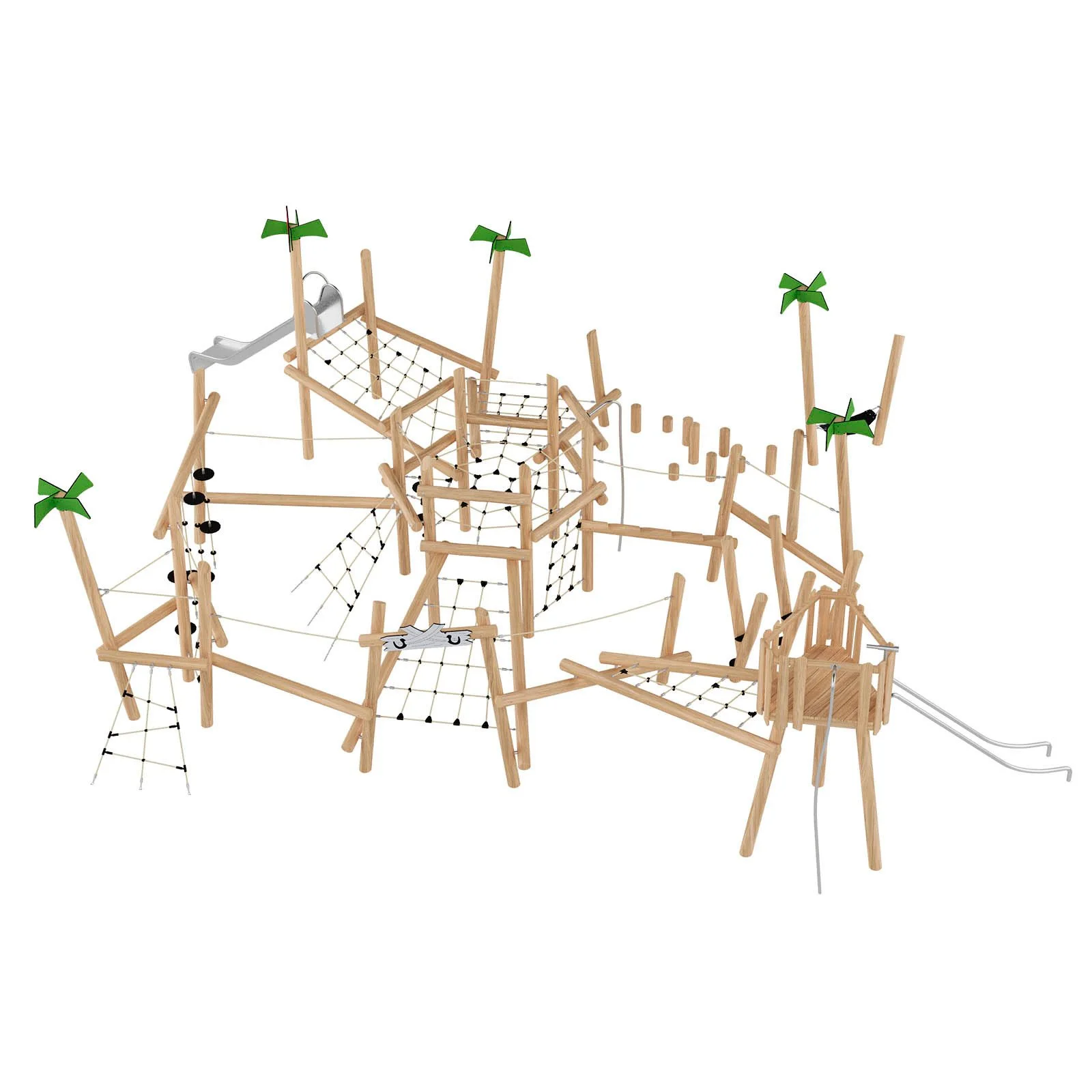 Large playground adventure set made of robinia acacia wood with slides, ropes, and climbing elements, designed for children aged 3–14 in public playgrounds.