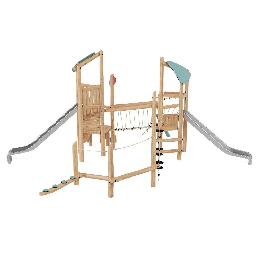 Robinio Set 4 playground structure for public areas, ages 3–14, supports up to 22 users, features rope bridge, slides and climbing elements