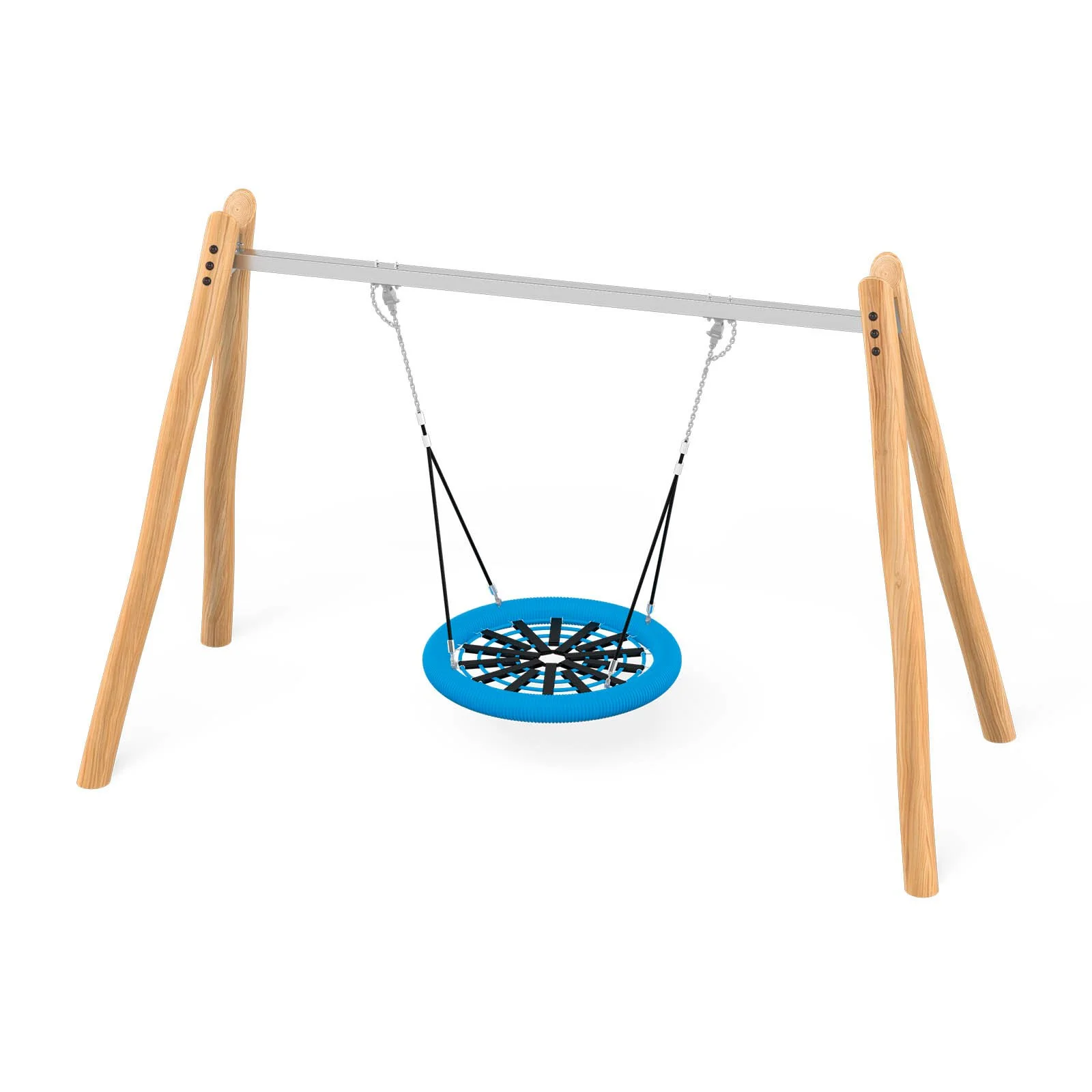 Wooden double playground swing frame made of robinia acacia wood and stainless steel, designed for children aged 3–14 in public outdoor playgrounds.