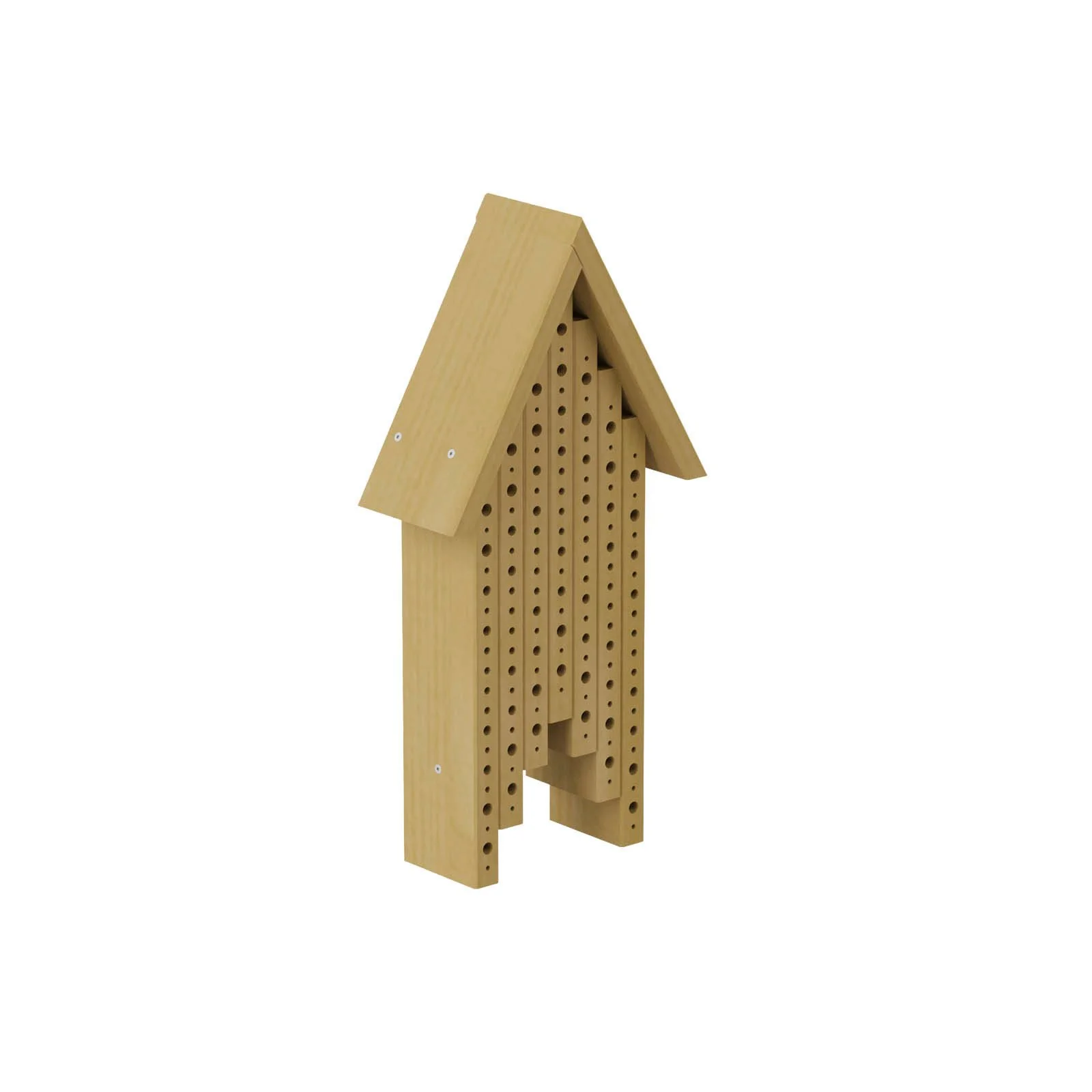 Natural wooden sensory insect house made of impregnated pine wood, designed for children aged 1–7 to observe insects and learn about nature outdoors.