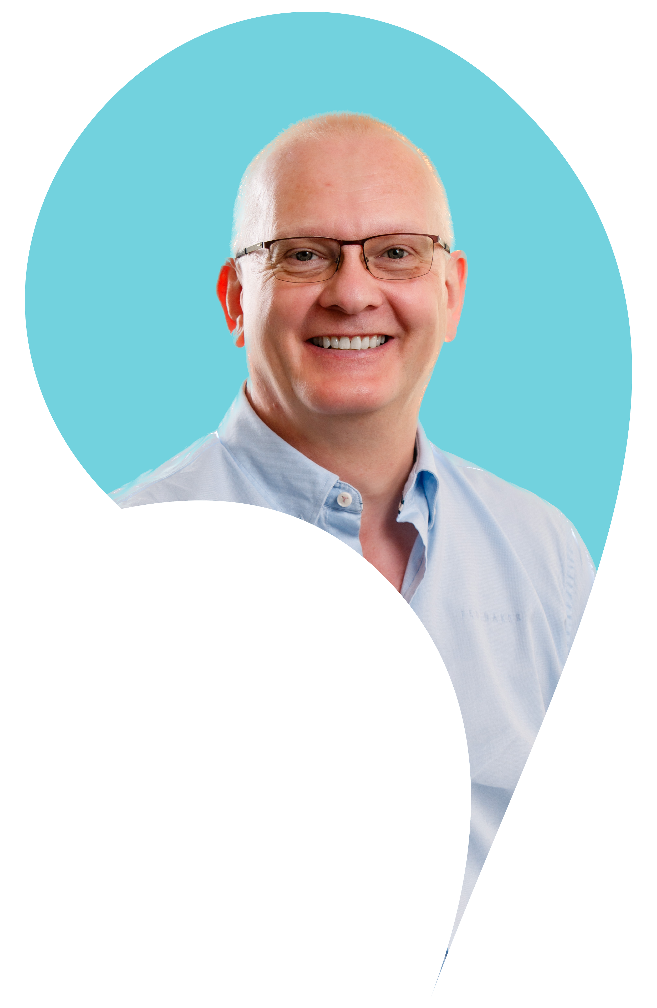 Grant McEwan cut into the apostrophe shape with an Aquamarine blue background.