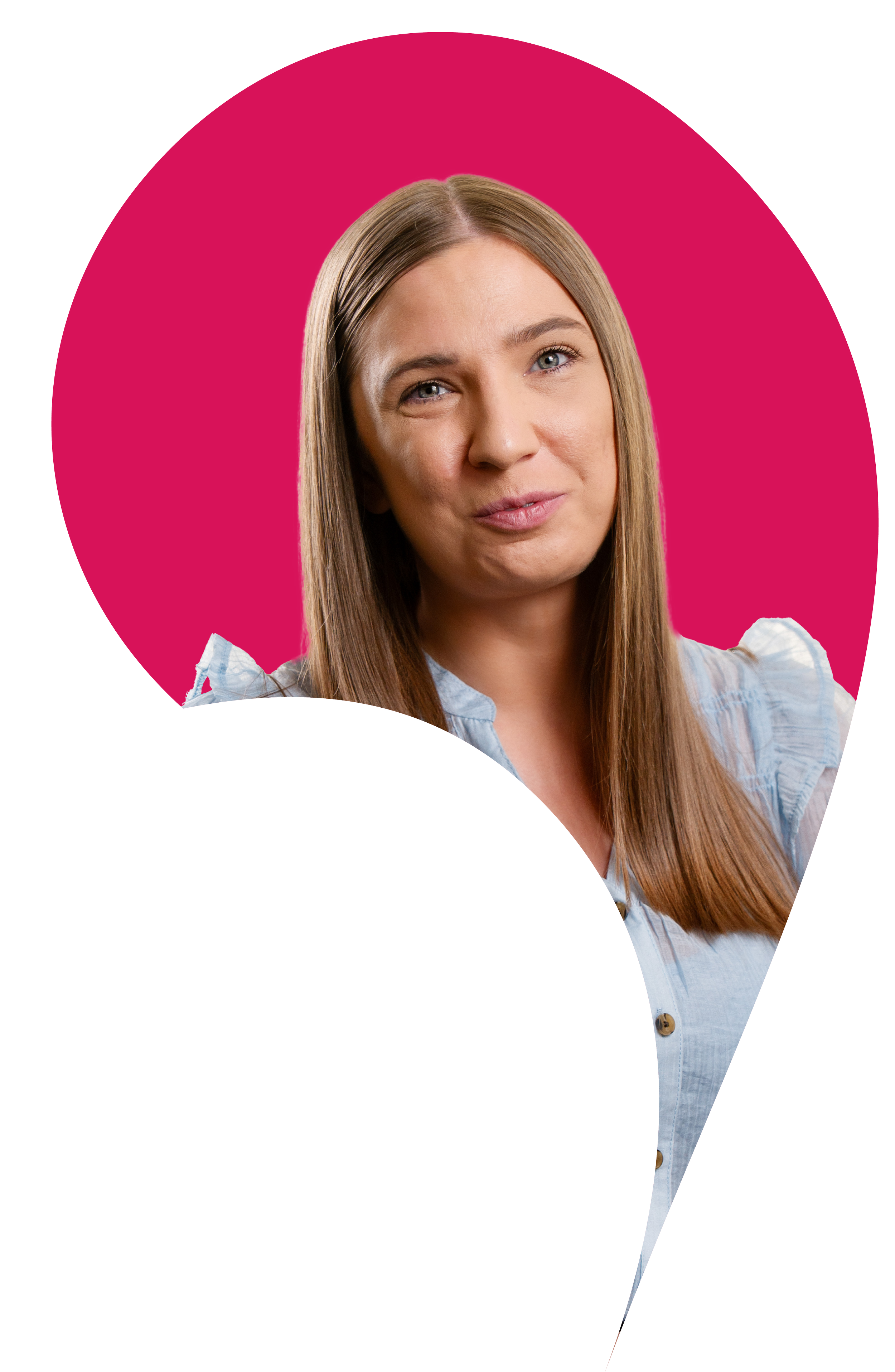 Ashleigh Fraser cut into the apostrophe shape with a Raspberry pink background.