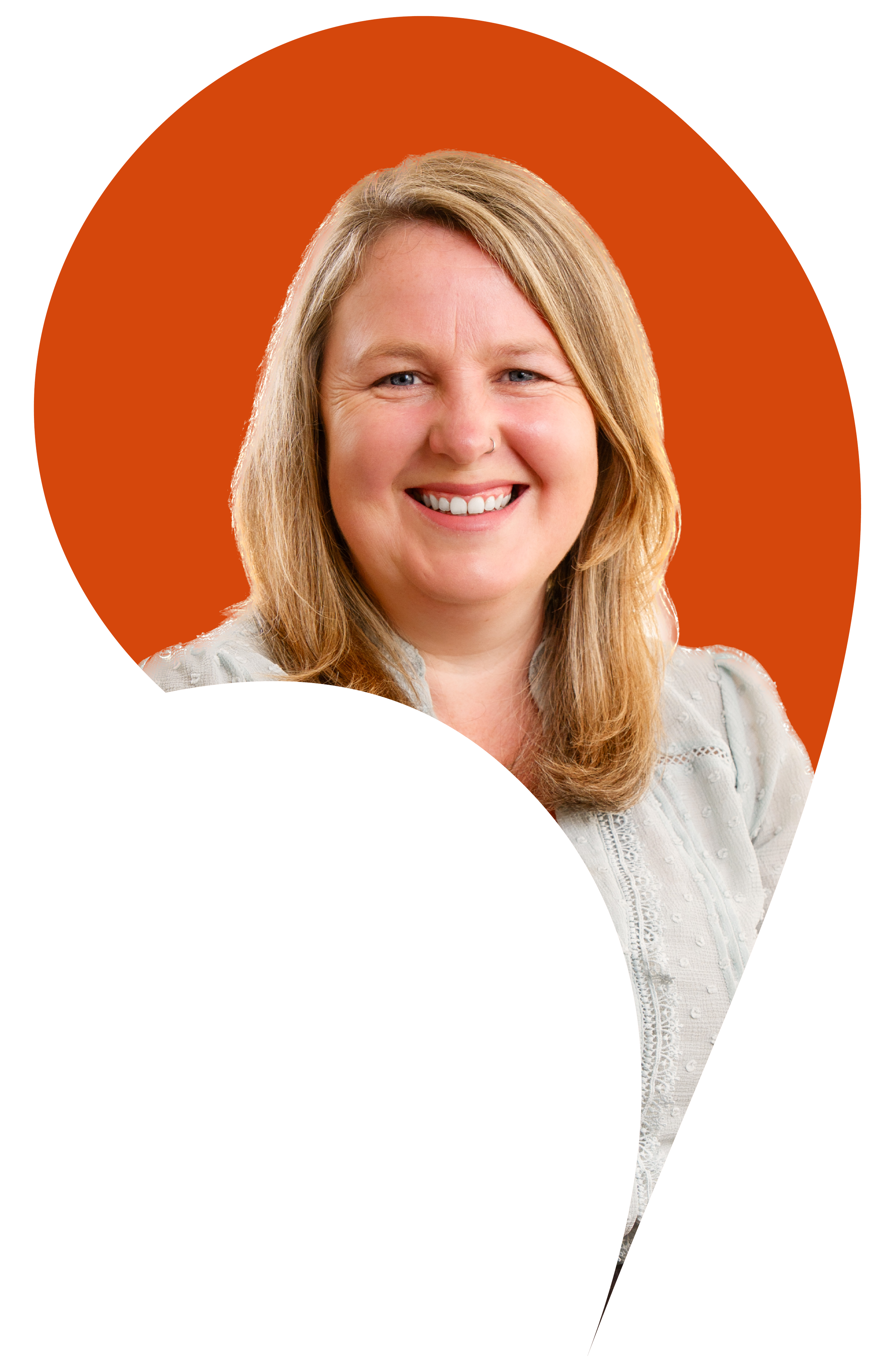 Dr Gillian Mullen cut into the apostrophe shape with a Grenadier orange background.