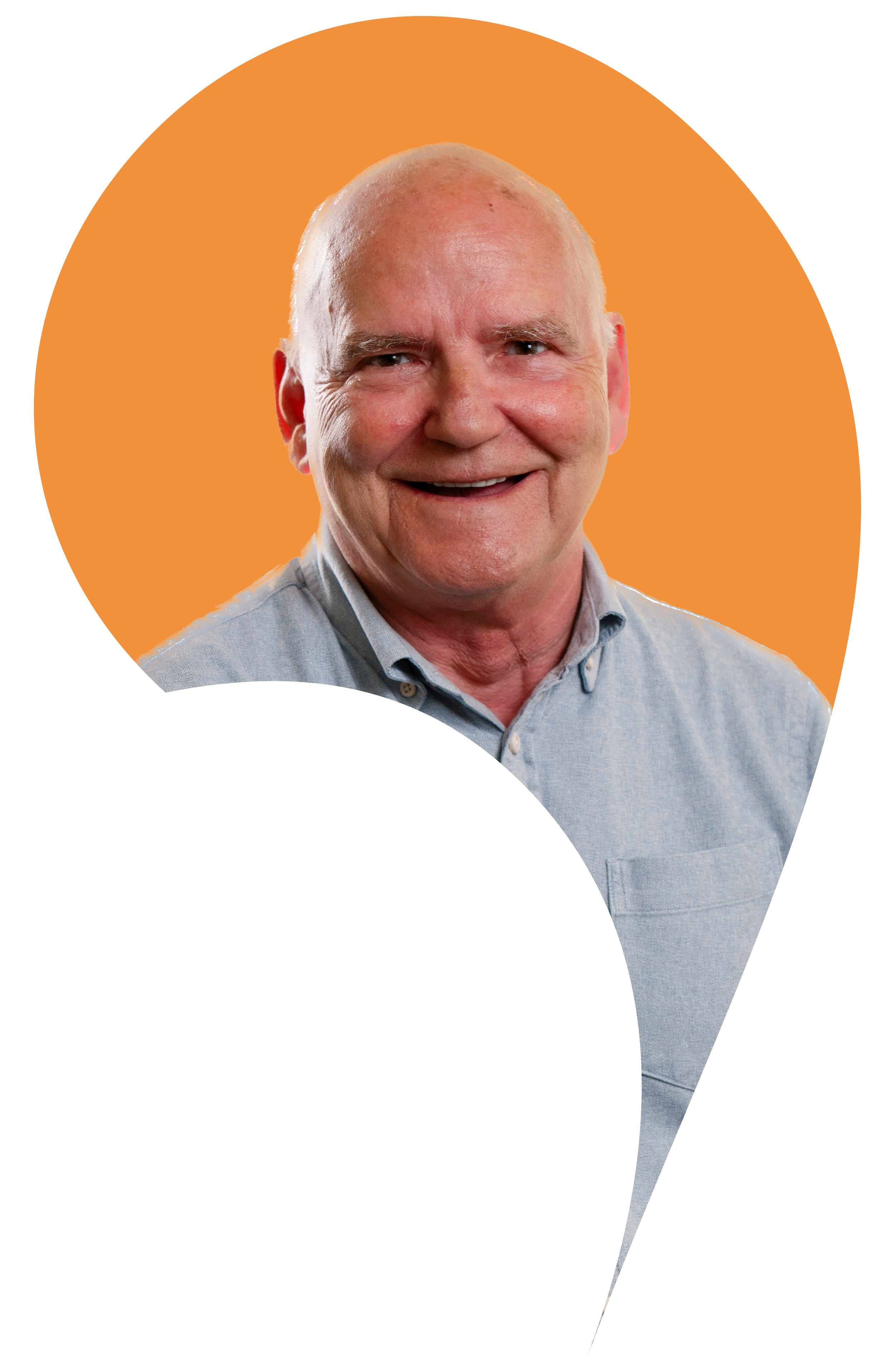 Neil Macaulay cut into the apostrophe shape with a Jaffa orange background.