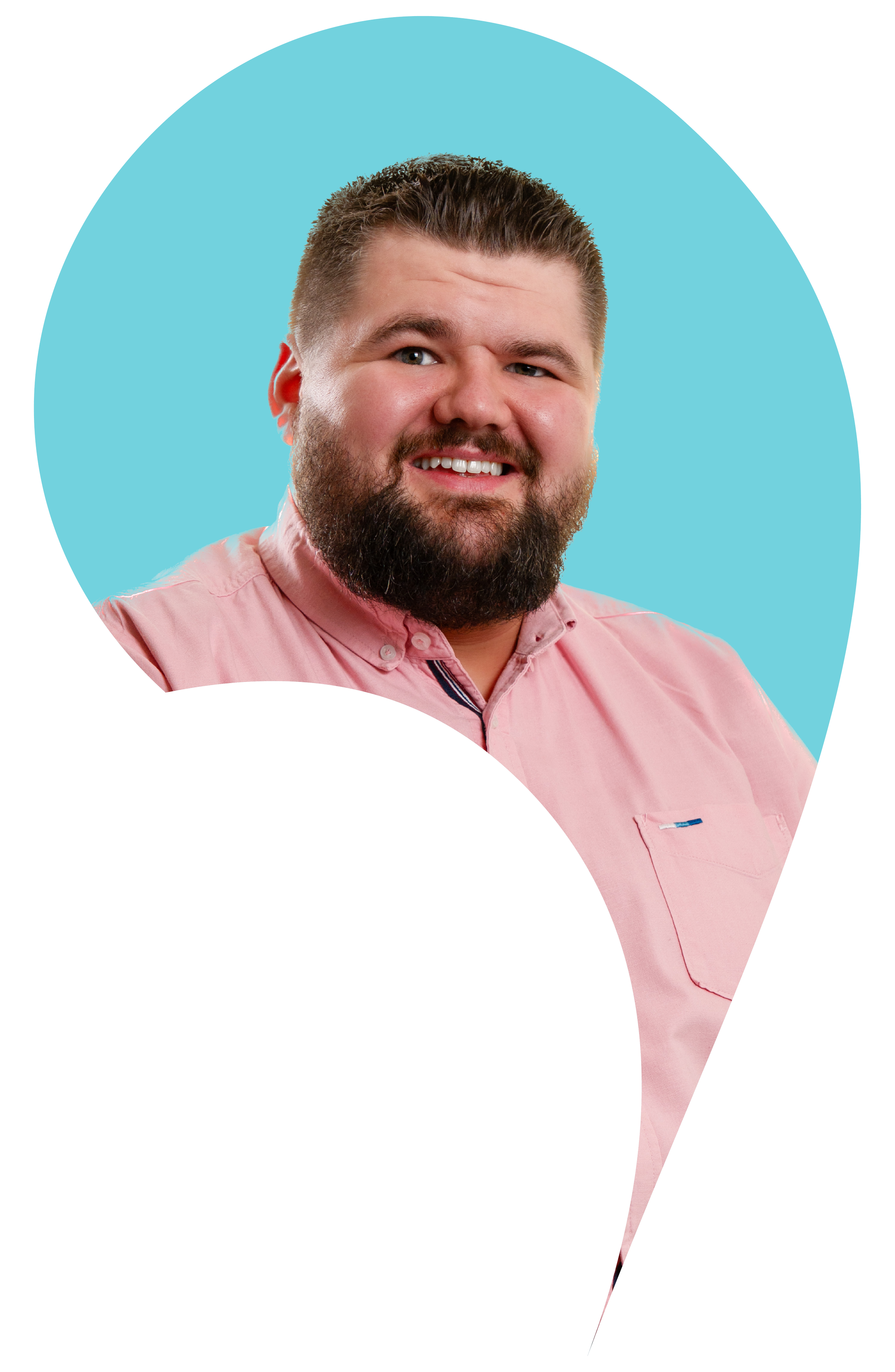 James Fraser cut into the apostrophe shape with an Aquamarine blue background.