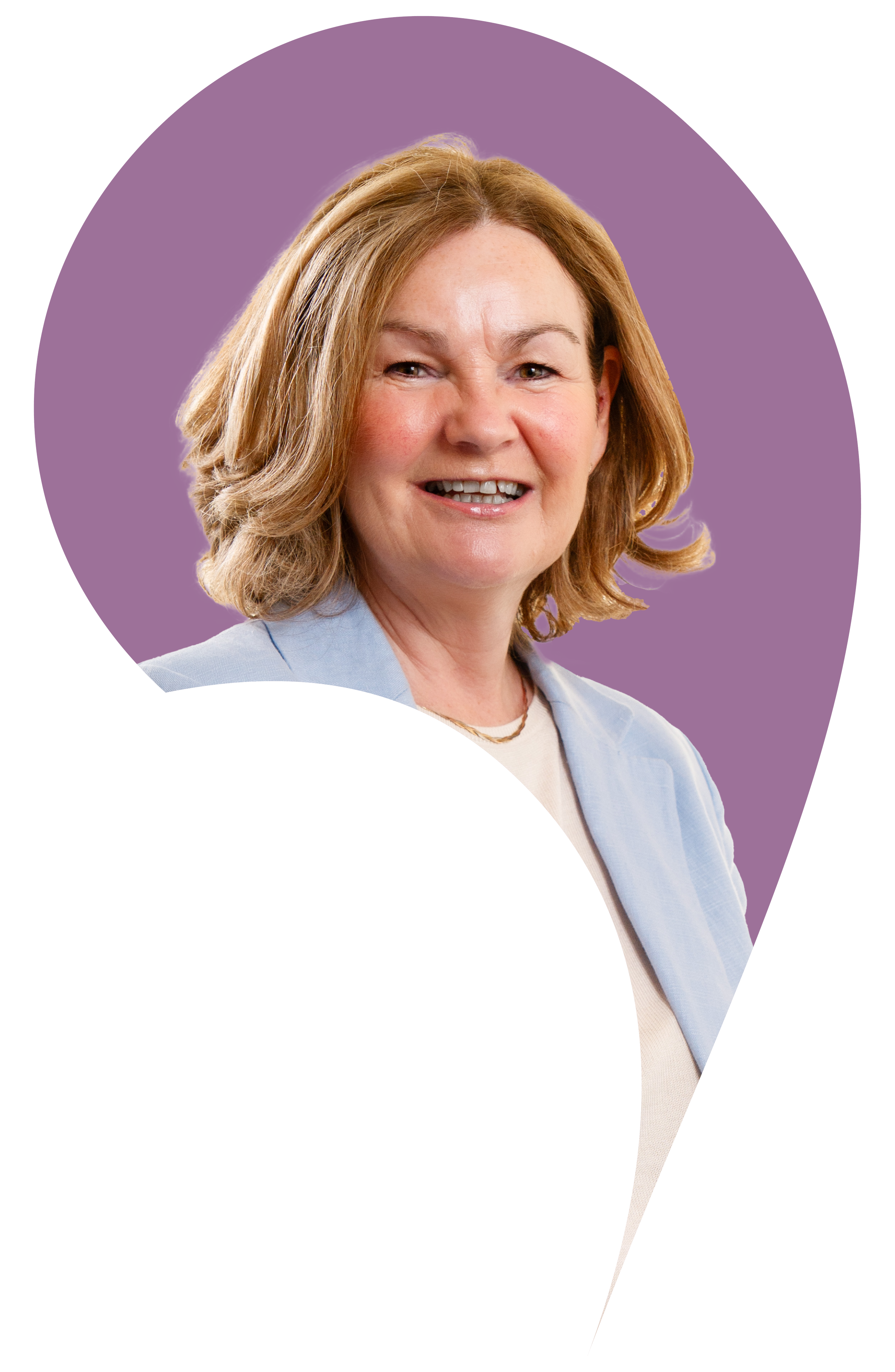 Angela Murray cut into the apostrophe shape with a Lilac purple background.