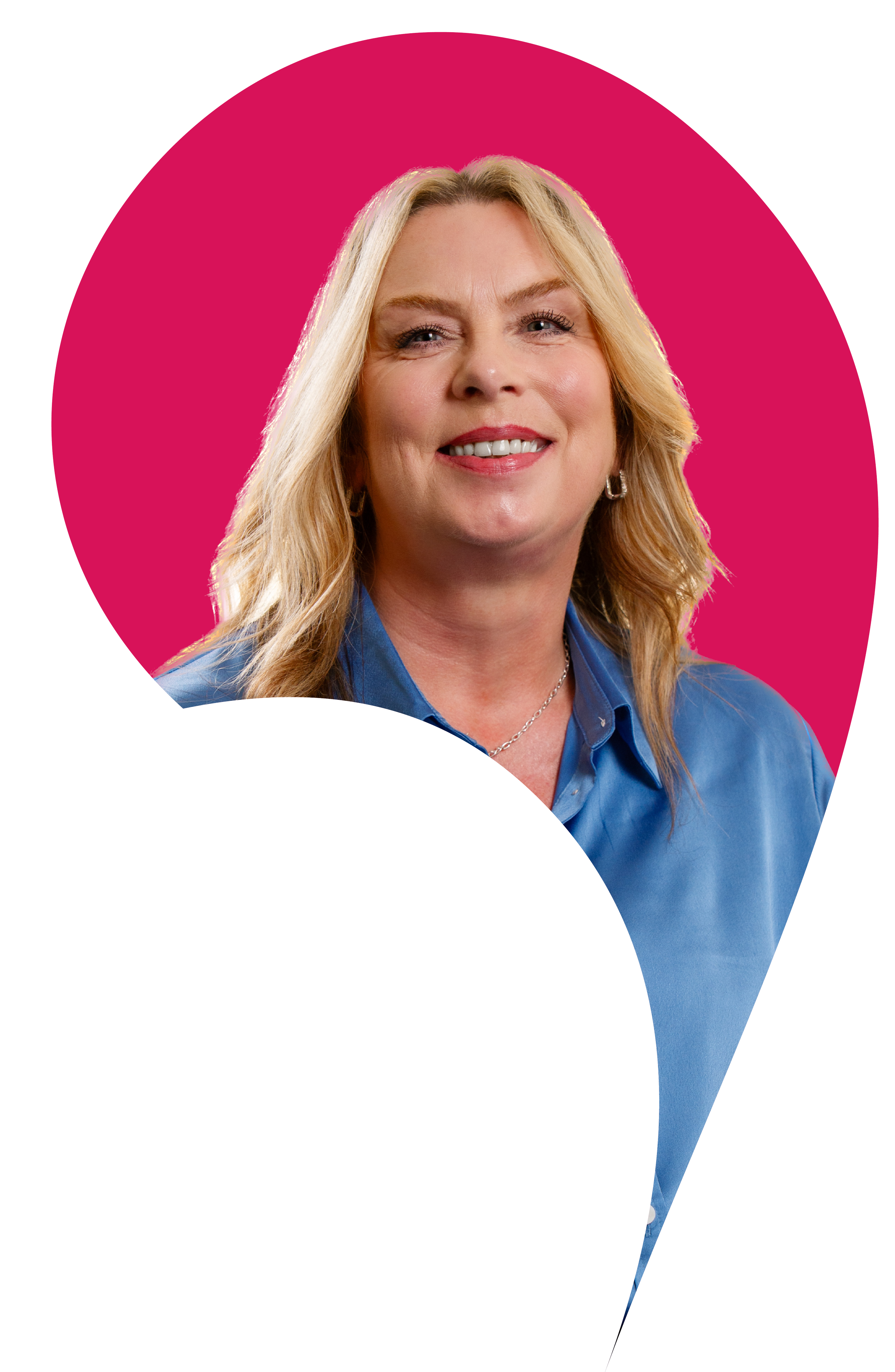 Susan Philp cut into the apostrophe shape with a Raspberry pink background.