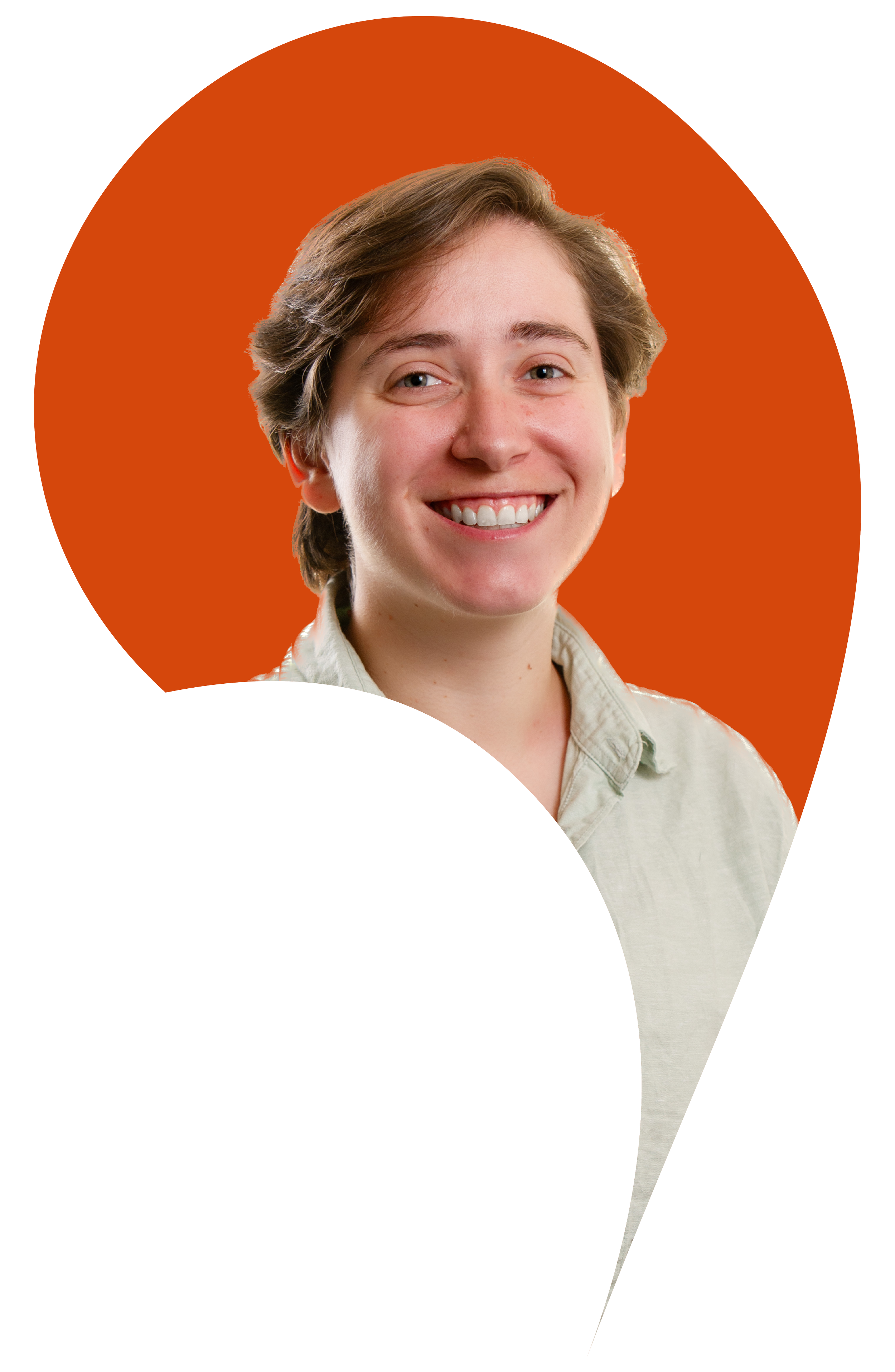 Nicole Saint-Nom cut into the apostrophe shape with a Grenadier orange background.