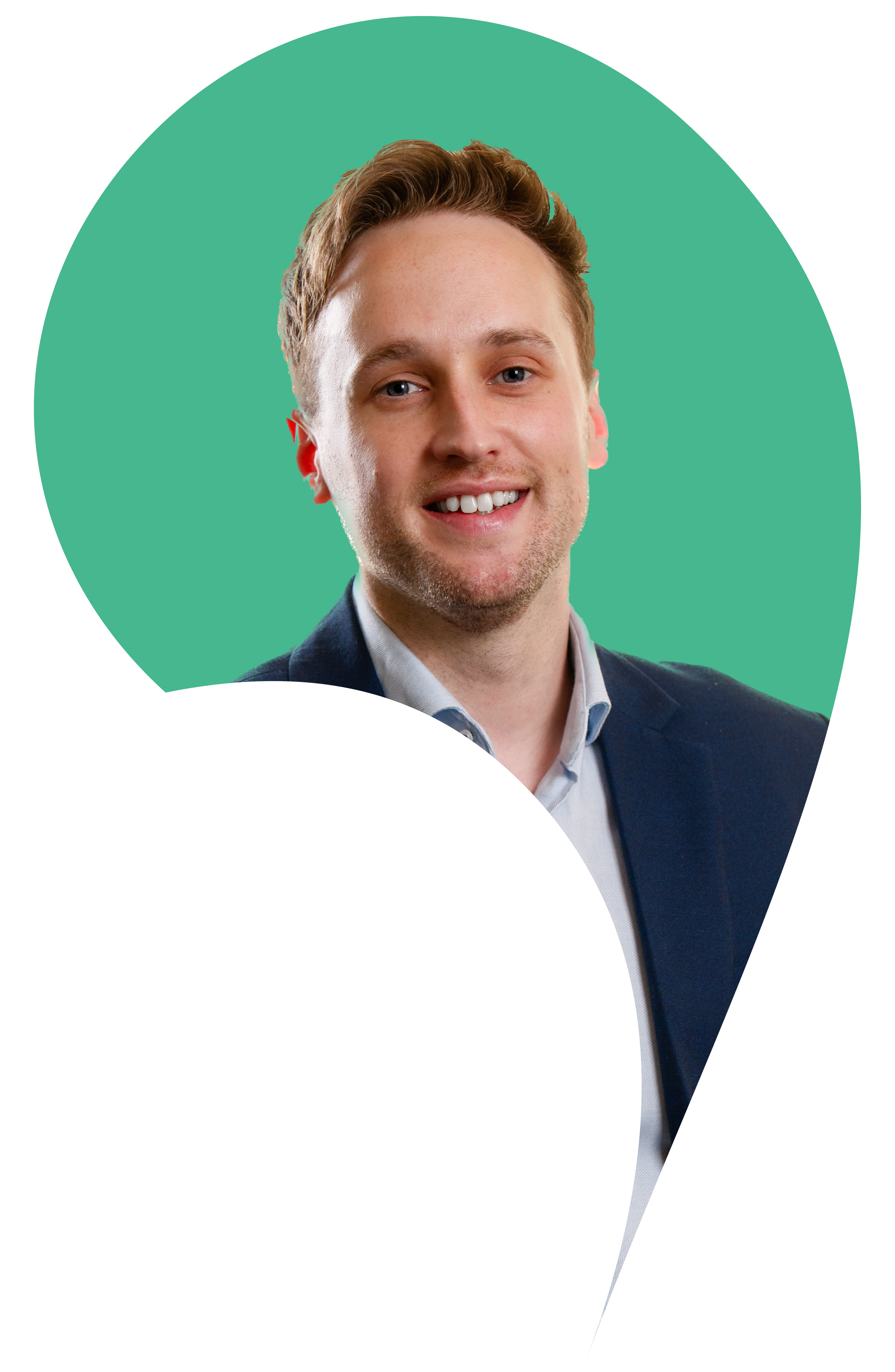 John Evans cut into the apostrophe shape with an Aragon green background.