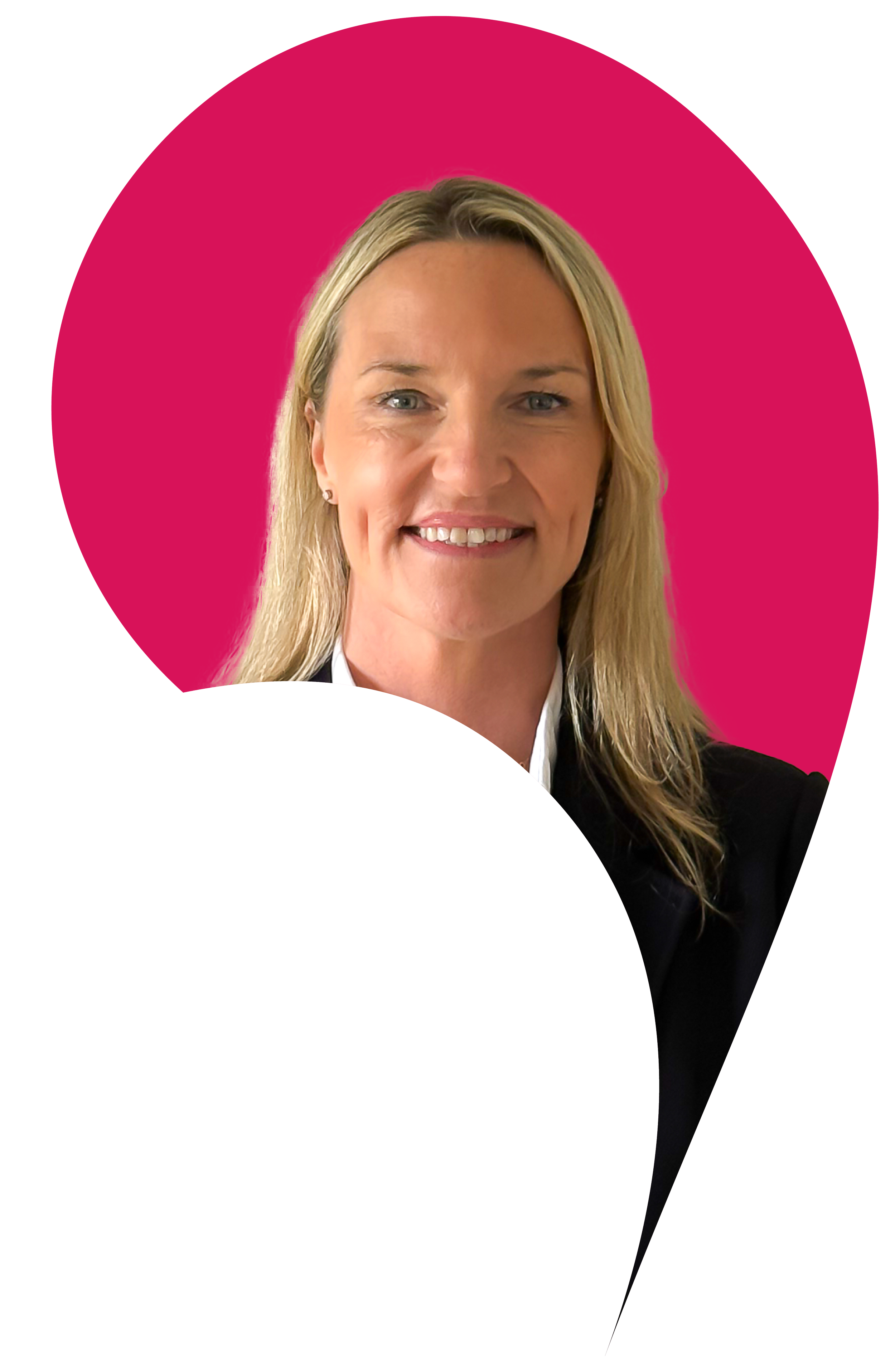 Gillian Campbell cut into the apostrophe shape with a Raspberry pink background.