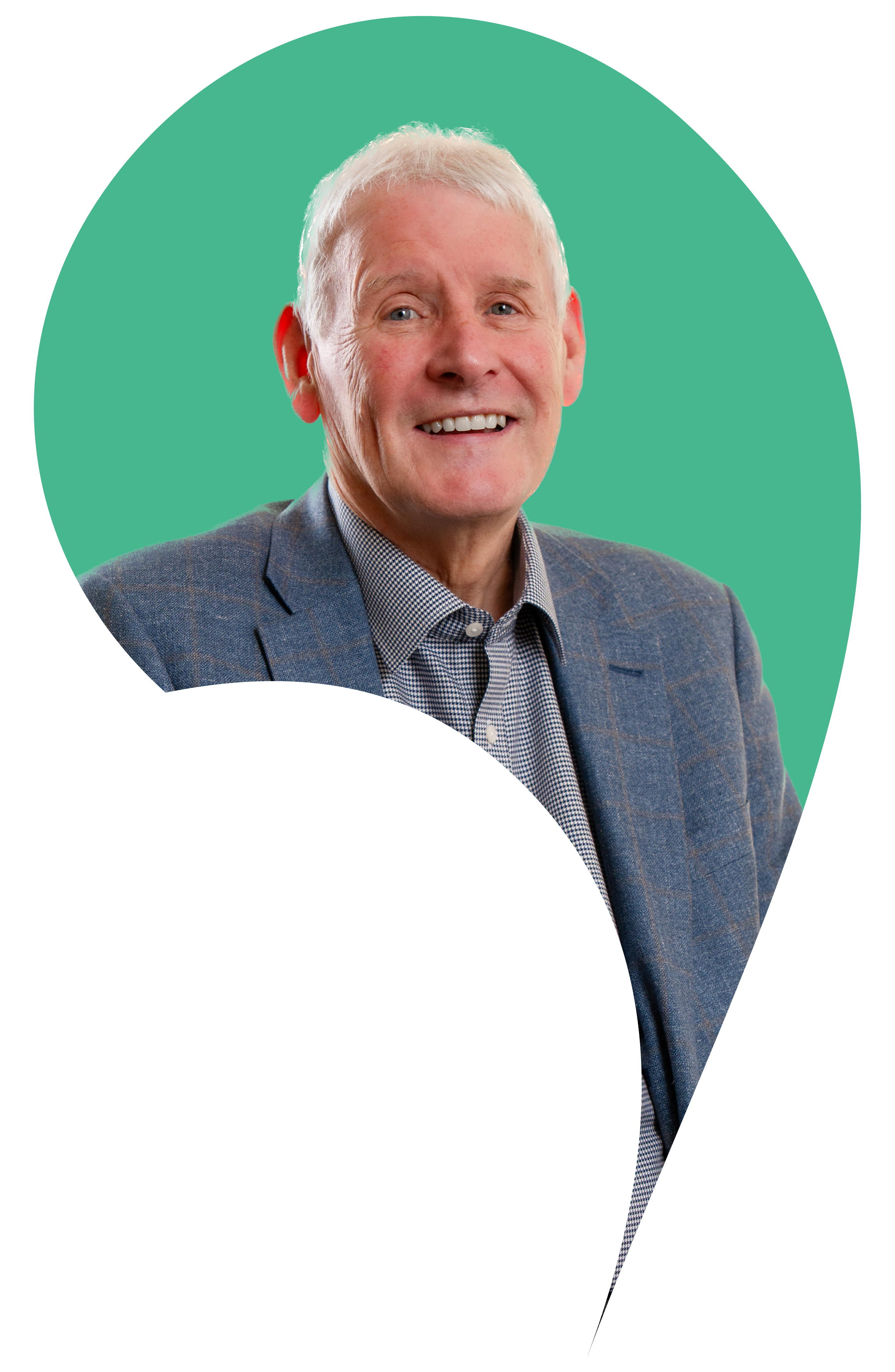 Peter Russell cut into the apostrophe shape with an Aragon green background.