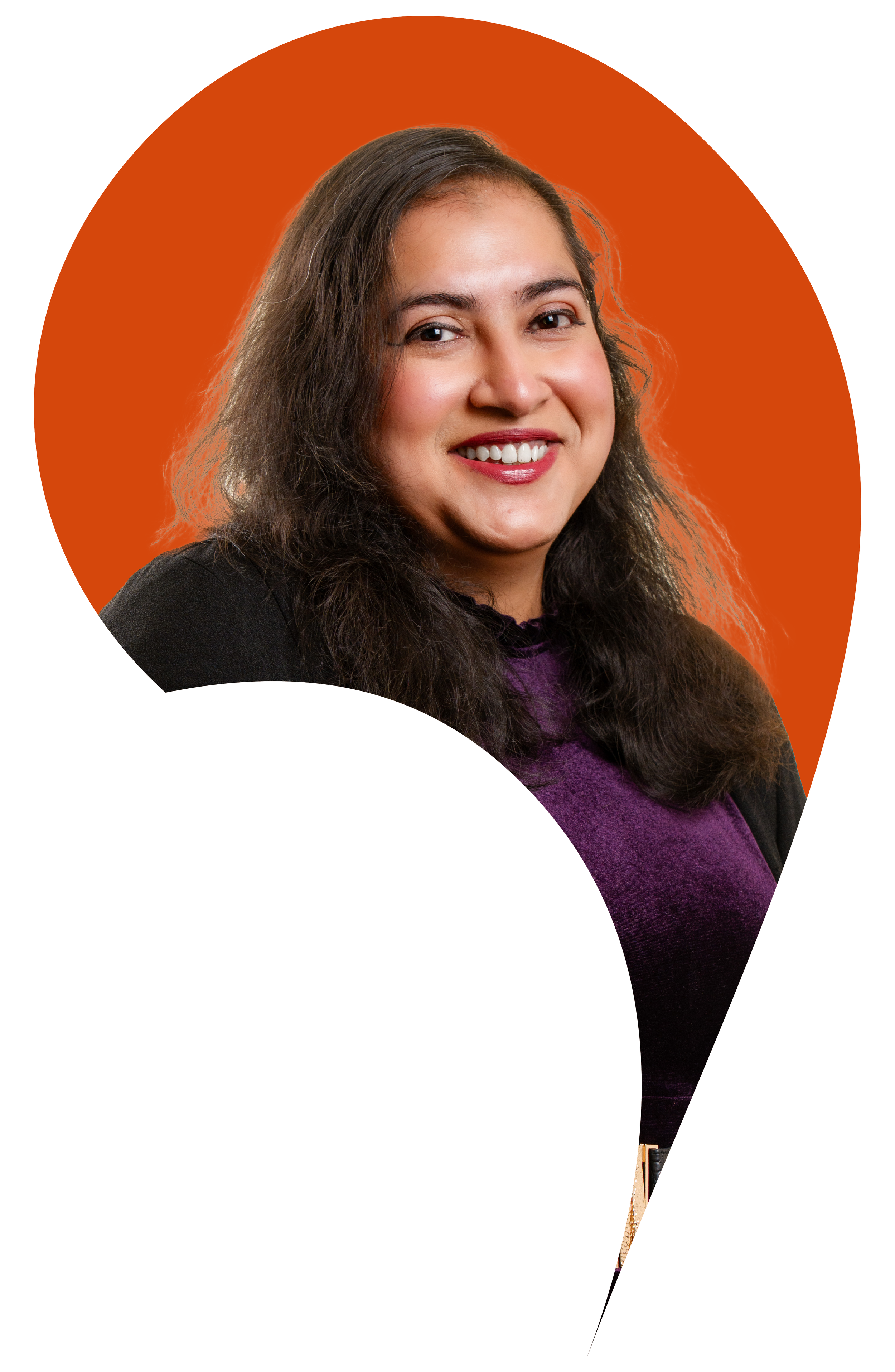 Amrita Dash cut into the apostrophe shape with a Grenadier orange background.