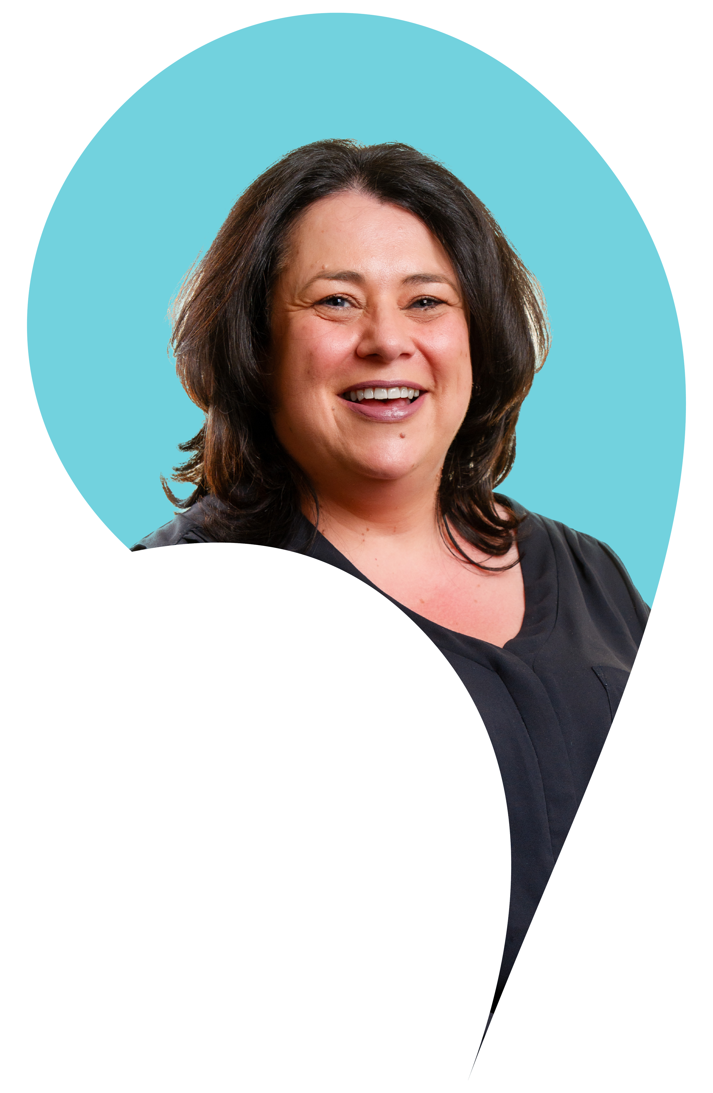 Lesley Ross cut into the apostrophe shape with an Aquamarine blue background.