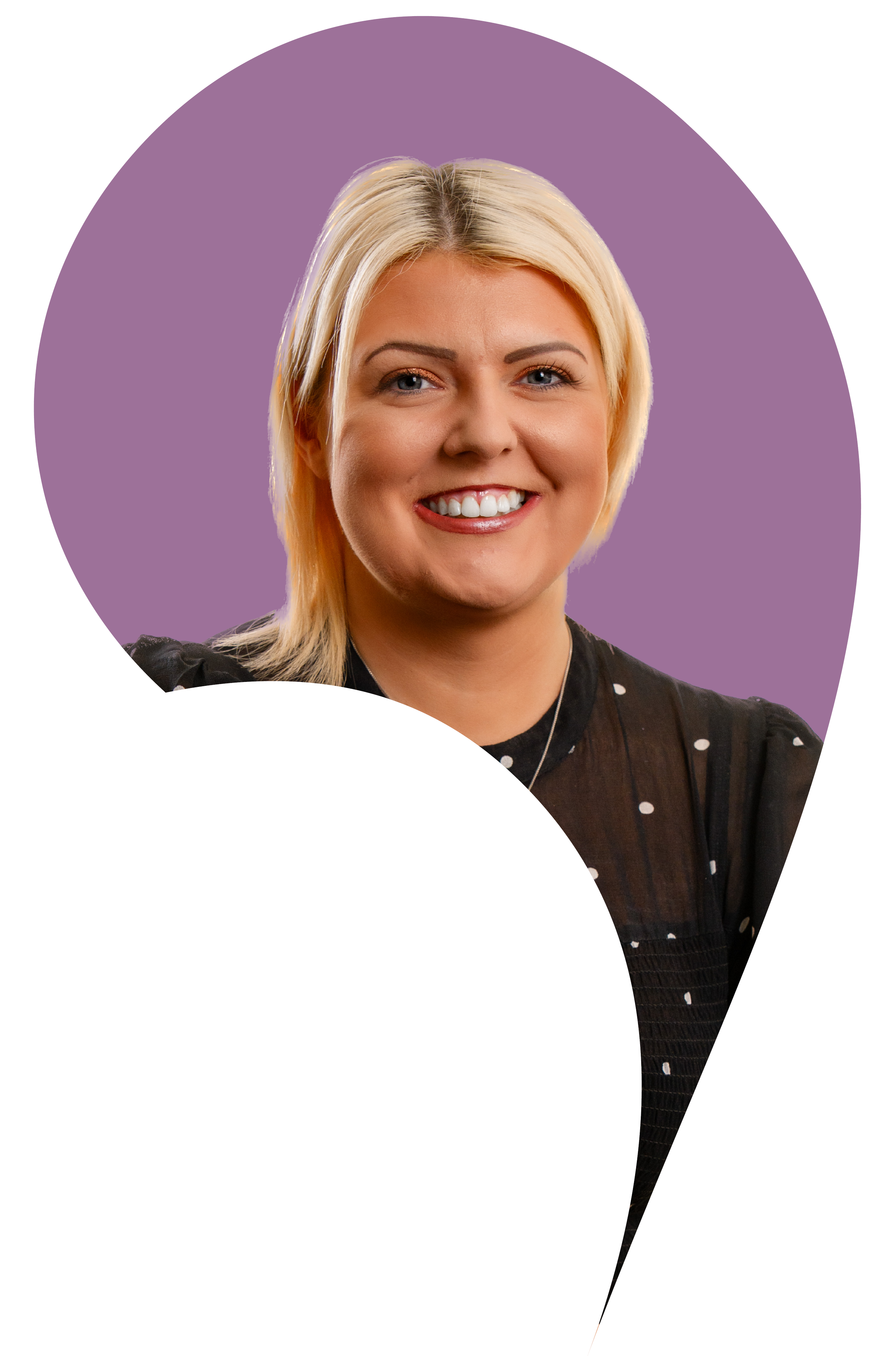 Lisa Cheatley cut into the apostrophe shape with a Lilac purple background.