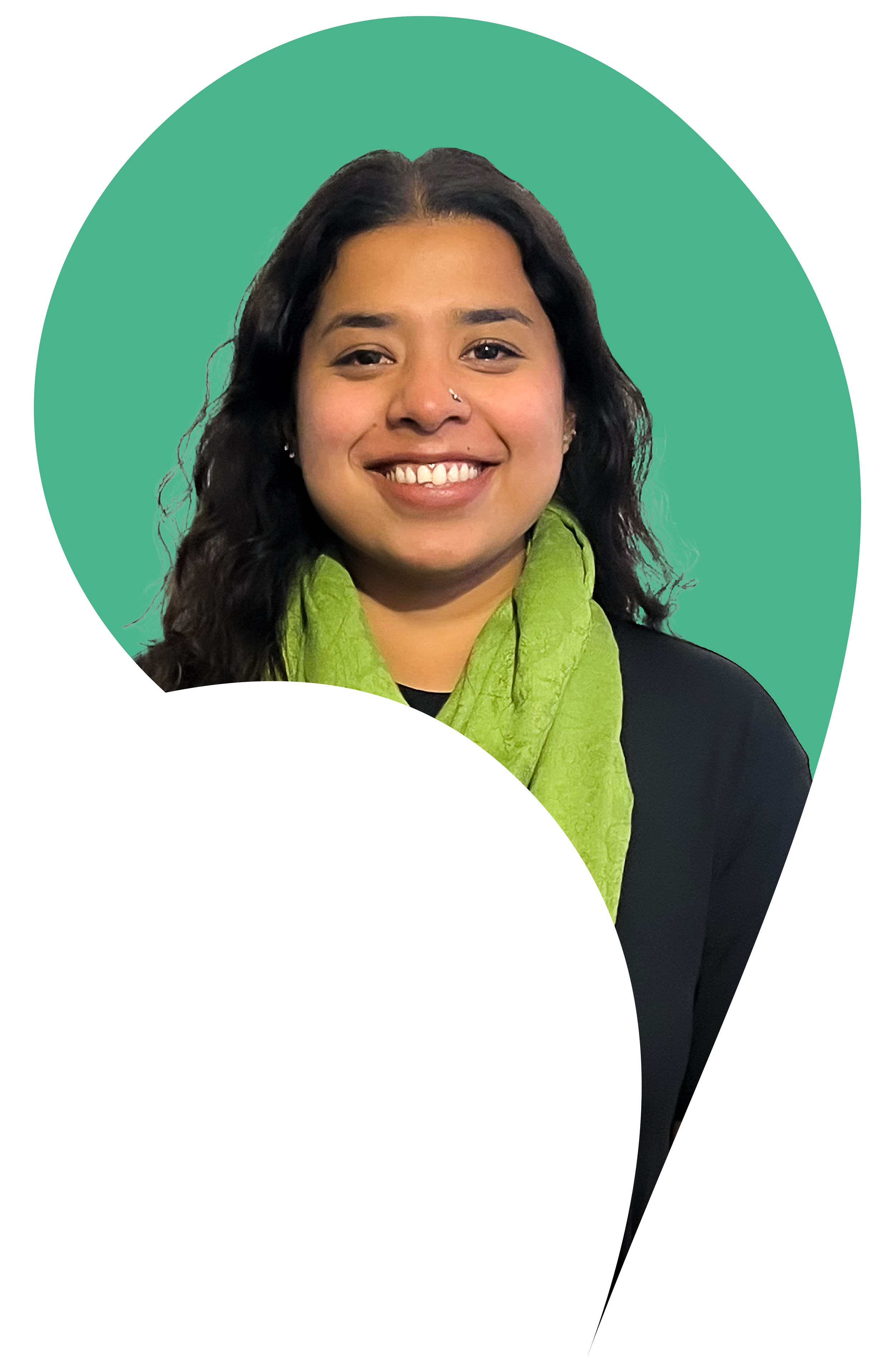 Kartika Ladwal cut into the apostrophe shape with an Aragon green background.