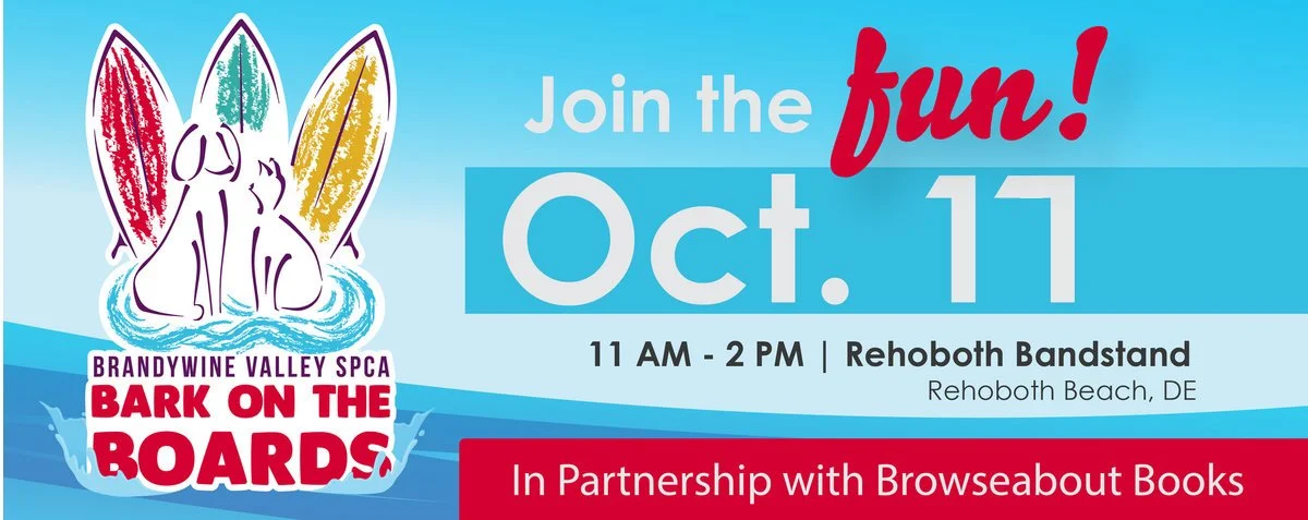 Event flyer for Brandywine Valley SPCA's 'Bark on the Boards' dog adoption event on October 11th from 11 AM to 2 PM at Rehoboth Bandstand, Rehoboth Beach, Delaware, in partnership with Browseabout Books. Features a cartoon illustration of a dog and bunny ears, with bright, colorful design elements.