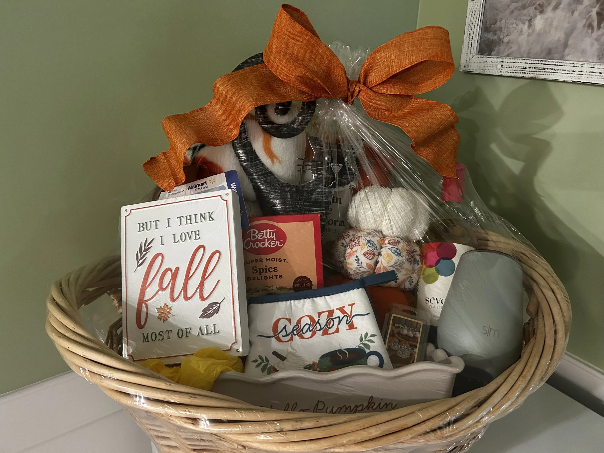 a cozy, fall-themed gift basket