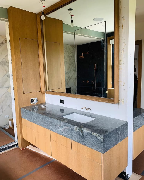 in progress, main bathroom custom millwork