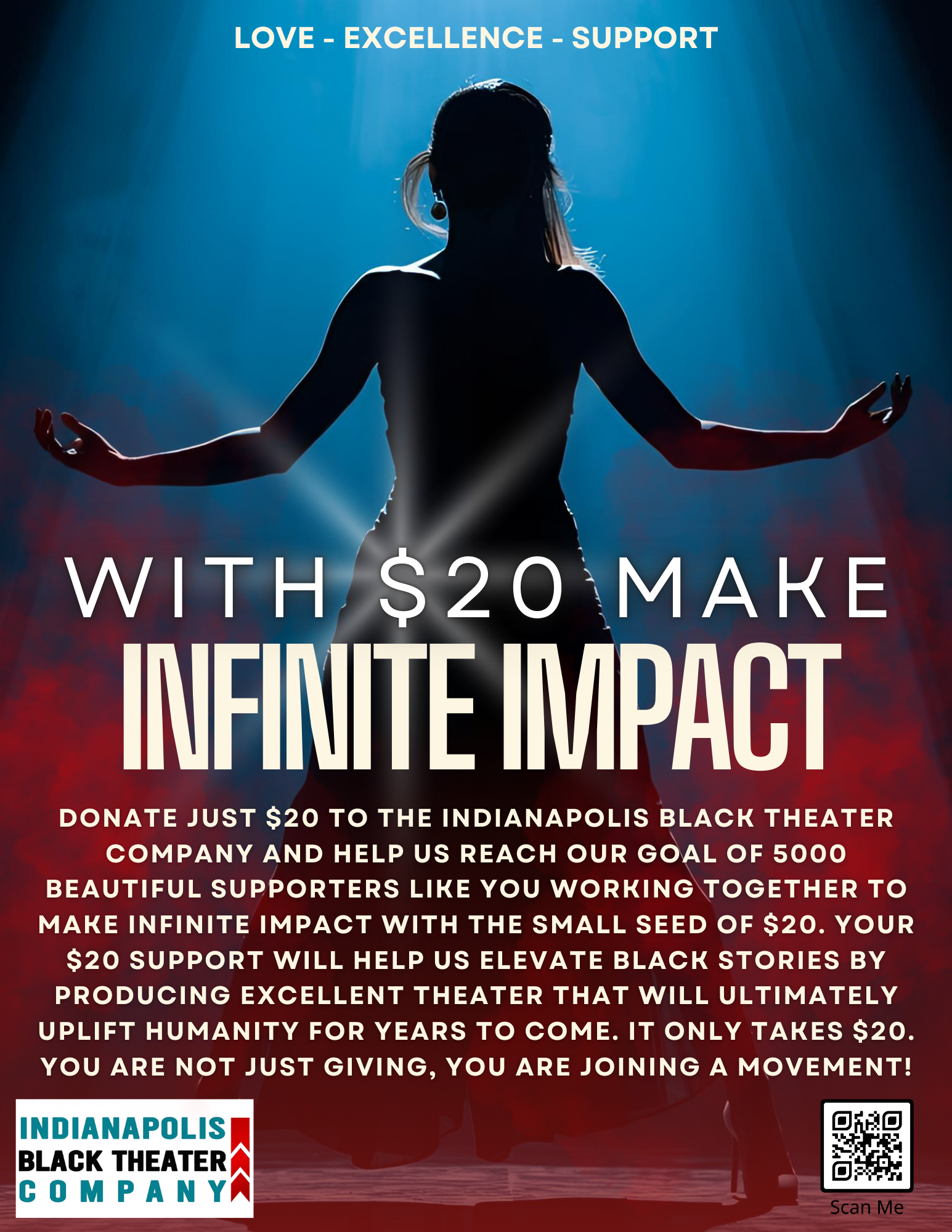 Silhouette of a woman meditating with outstretched arms on a stage with blue and red lighting, promoting a fundraiser for the Indianapolis Black Theater Company.