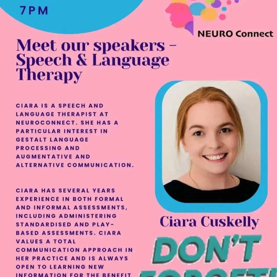 REMINDER!!! Our next speaker is joining us tomorrow at 7pm. Ciara &ndash; Speech &amp; Language Therapy 🗣️

Next up in our Meet the Speakers series is Ciara Cuskelly, Speech and Language Therapist at NeuroConnect, joining us on March 12th at 7pm.

C