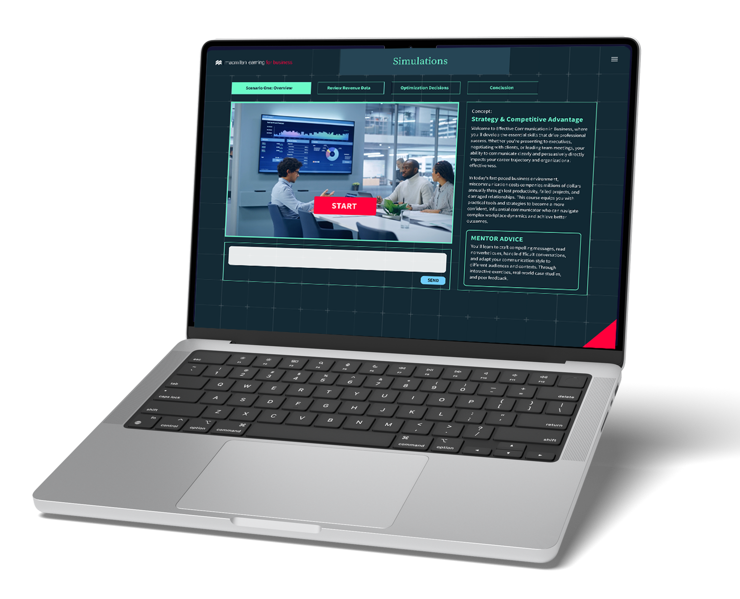 A laptop displaying a business simulation training program with a group of professionals in a meeting room and a red start button.
