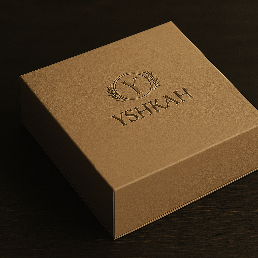 Packaging de présentation de la marque Yshkah en inscription dorée