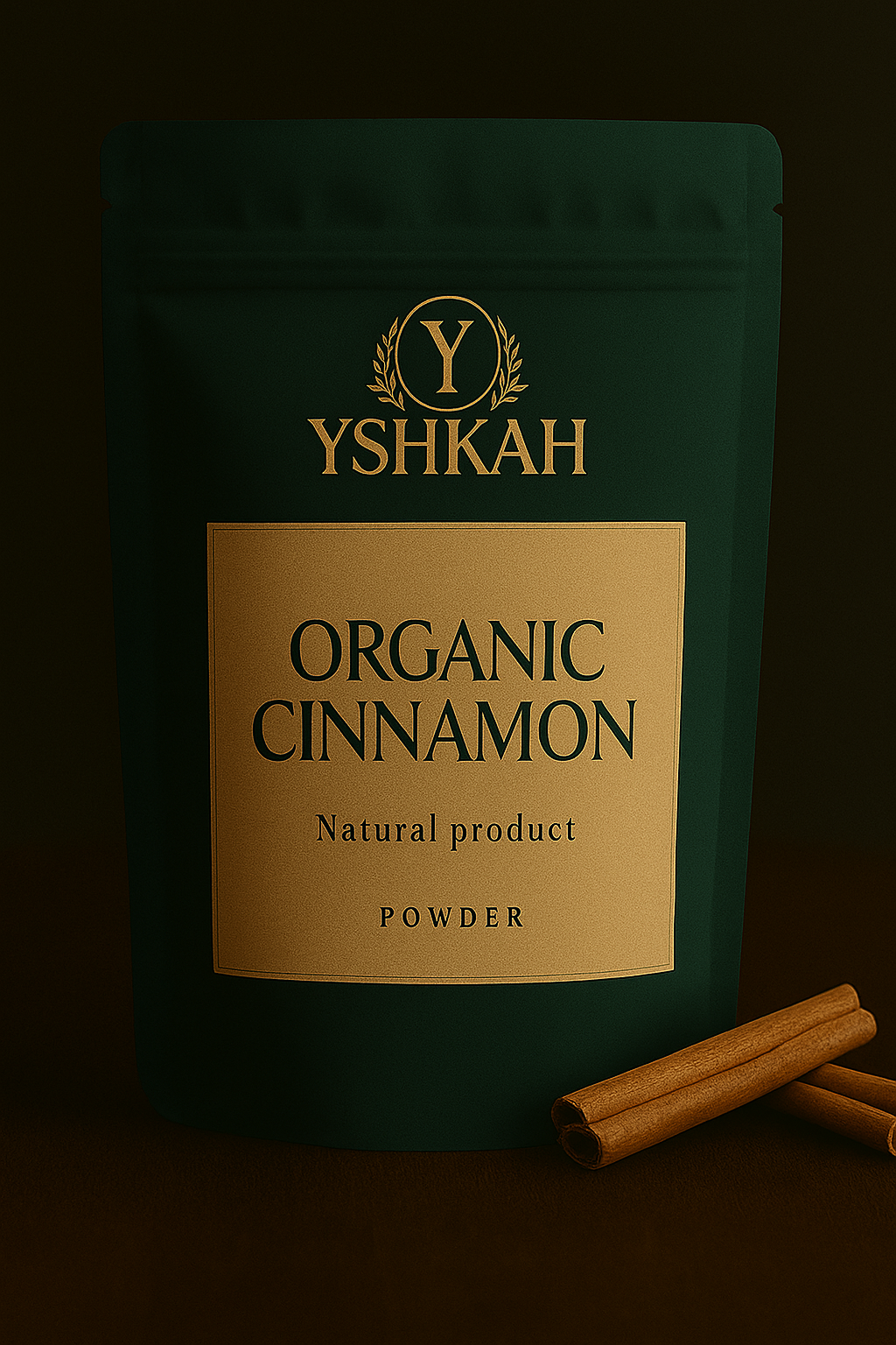 Poudre de cannelle biologique YSHIKAH, en paquet vert avec un label beige, accompagnée de bâtons de cannelle sur une surface sombre.