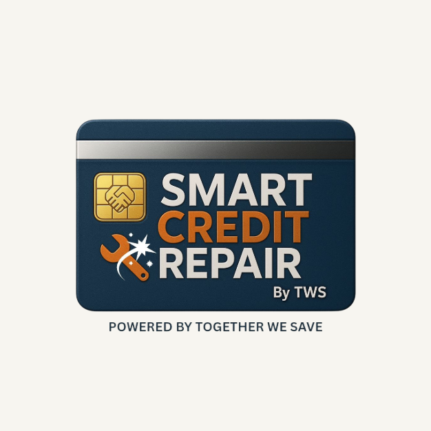 Logo for SMART Credit Repair by TWS with a credit card graphic, a wrench, and a spark, along with the tagline 'Powered by Together We Save'.