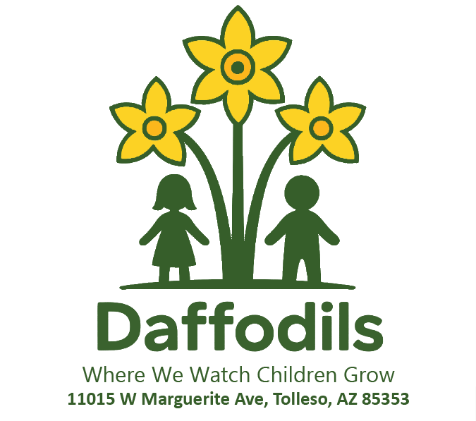 Logo for Daffodils with a yellow daffodil flower and two children figures, one girl and one boy, underneath the flower. Tagline reads 'Where We Watch Children Grow.' Address listed as 11015 W Marguerite Ave, Tolleso, AZ 85353.