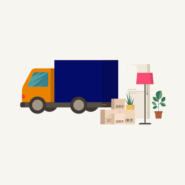 Illustration of a moving truck parked inside a room with packed boxes, a potted plant, a floor lamp, and a door.