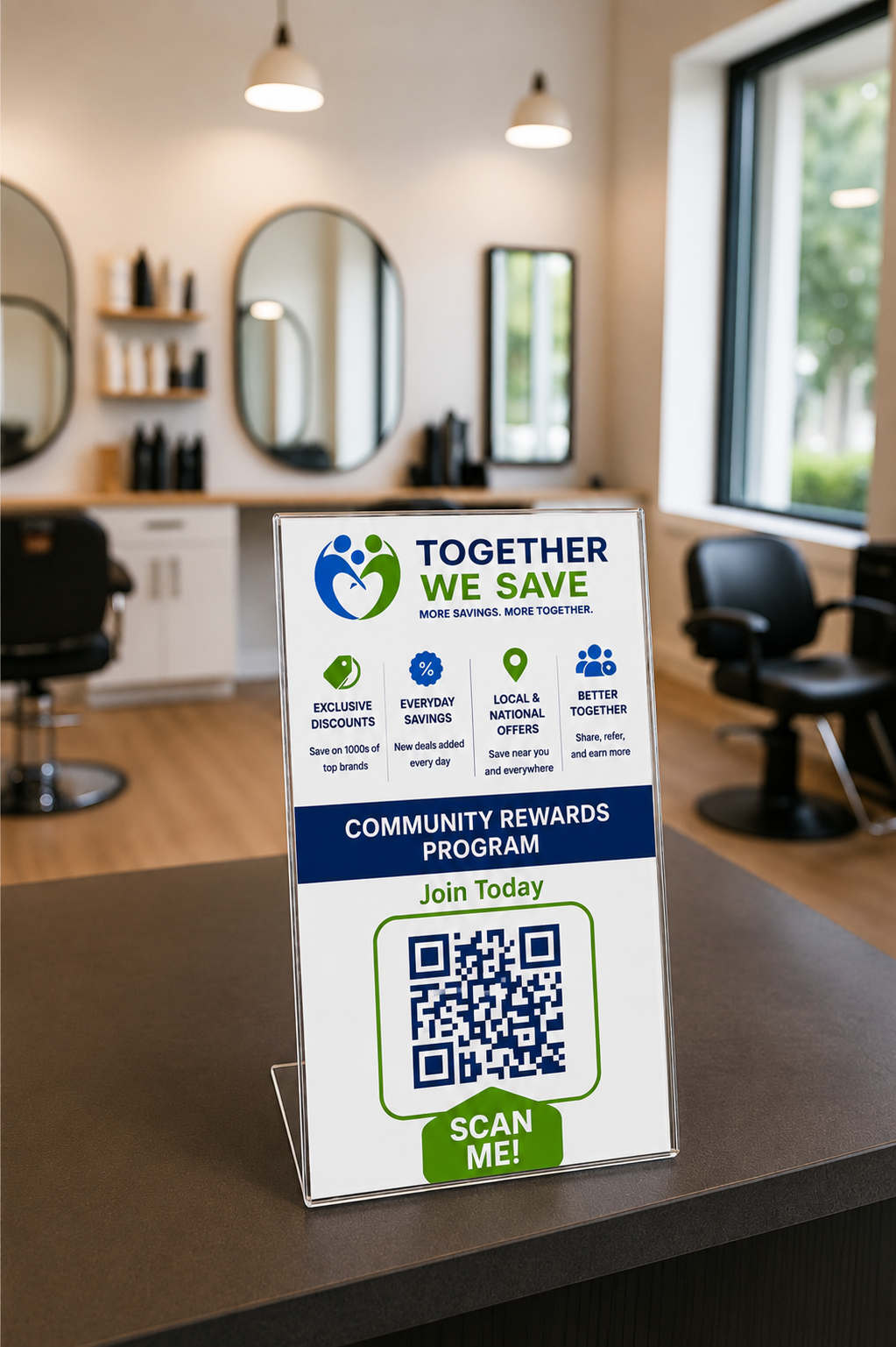 A promotional sign on a countertop in a salon or retail space, encouraging community involvement and savings program with a QR code for joining.
