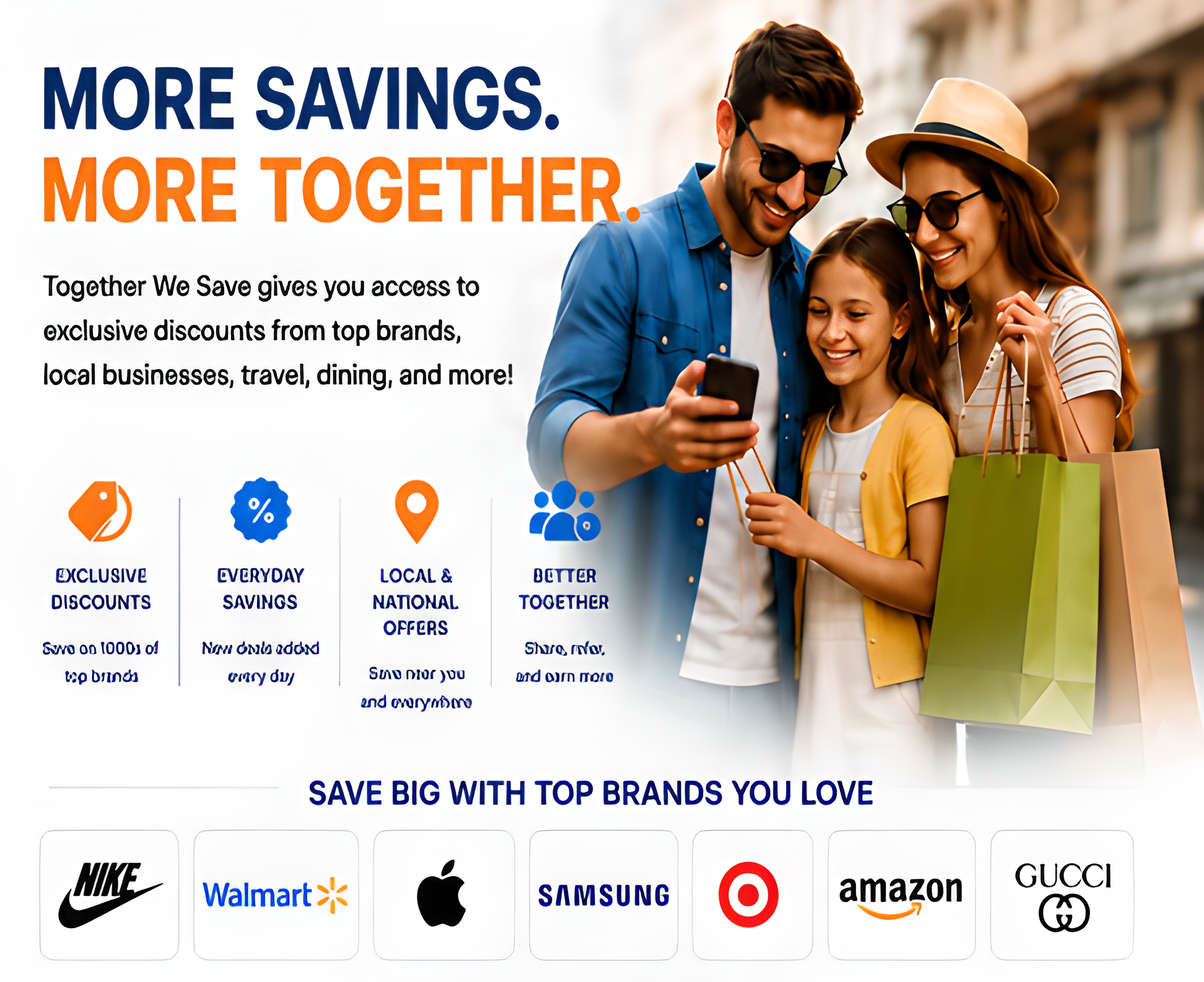 A family of three looking at a smartphone together on a city street, with shopping bags in hand and wearing sunglasses.