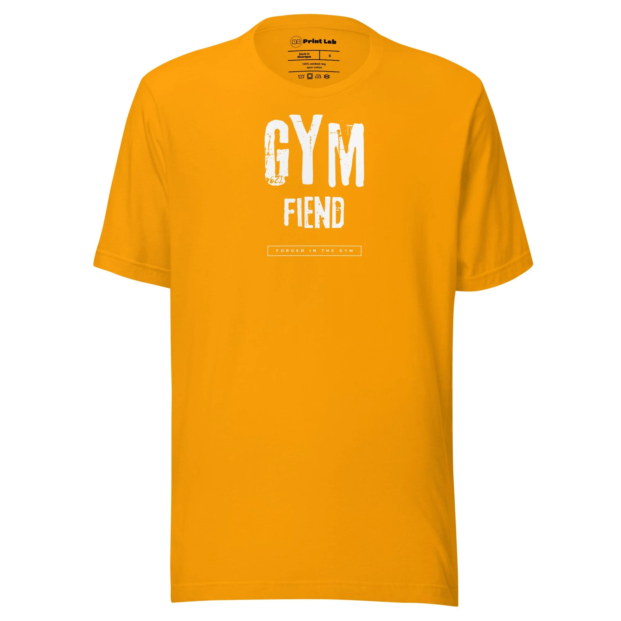 Yellow T-shirt with white text that says 'GYM FIEND' and a small rectangular label below reading 'FORGED IN THE GYM'.